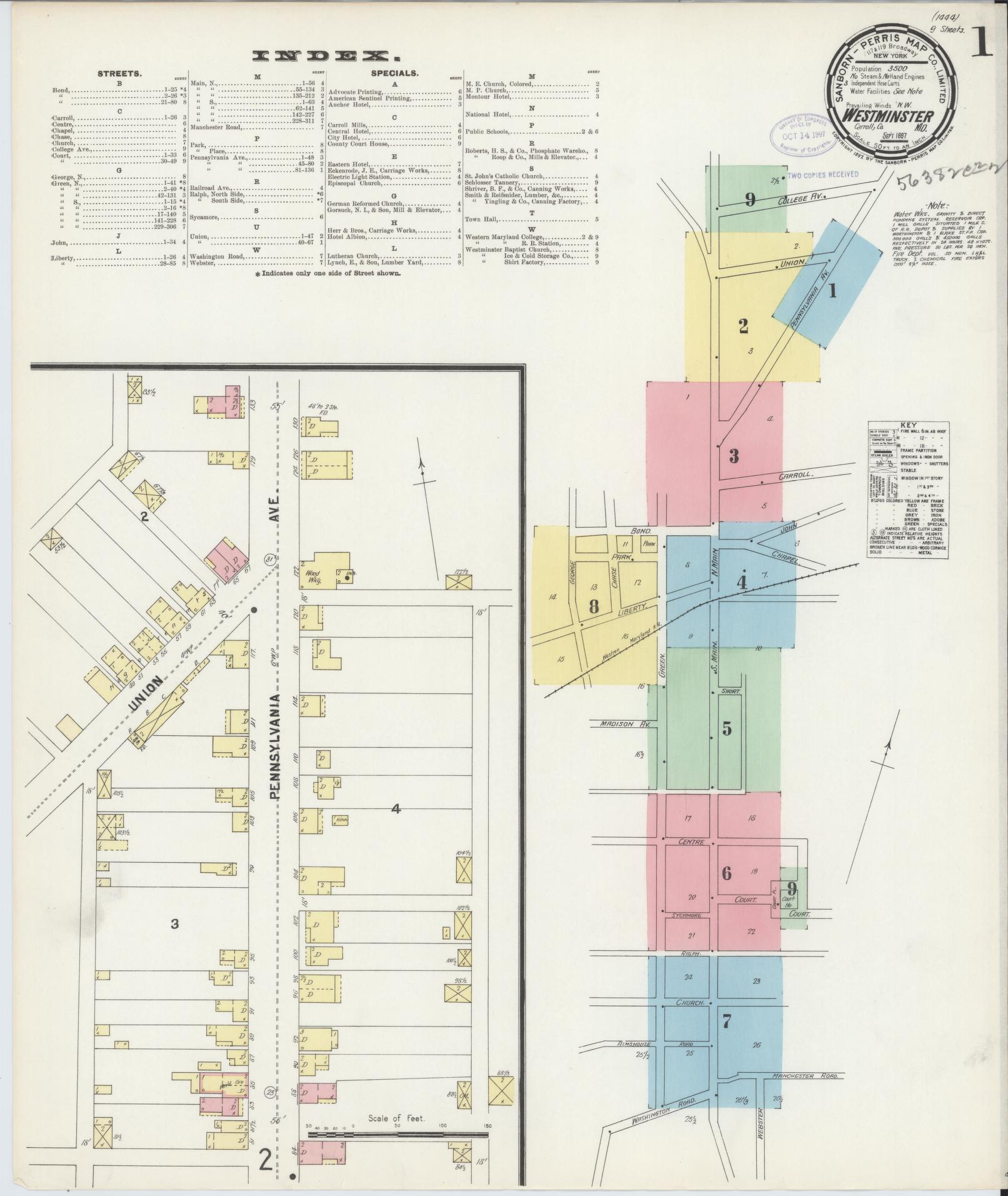 Sanborn Fire Insurance Map from Westminster, Carroll County, Maryland (1897), Sheet #0001 - Historic Sanborn Fire Insurance Map Print, vintage old map wall art, antique decor, genealogy gift, Maryland Maryland map