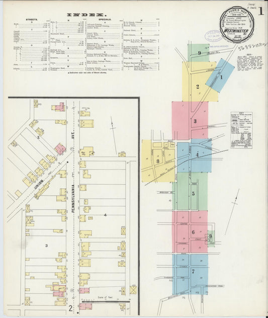 Sanborn Fire Insurance Map from Westminster, Carroll County, Maryland (1897), Sheet #0001 - Historic Sanborn Fire Insurance Map Print, vintage old map wall art, antique decor, genealogy gift, Maryland Maryland map