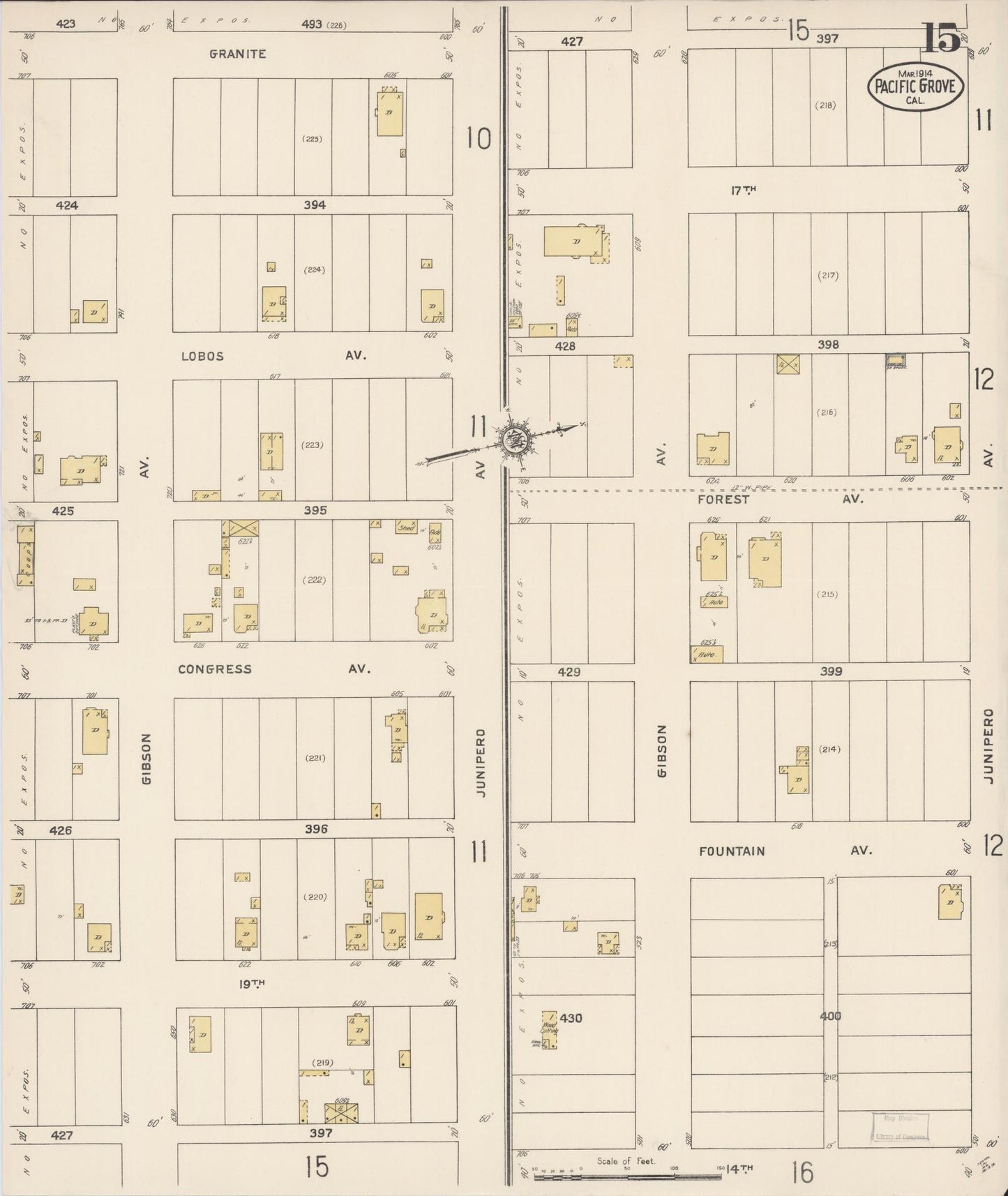 Sanborn Fire Insurance Map from Pacific Grove, Monterey County, California (1914), Sheet #0015 - Complete Map Set gallery image, historic Sanborn map, vintage wall art, California California