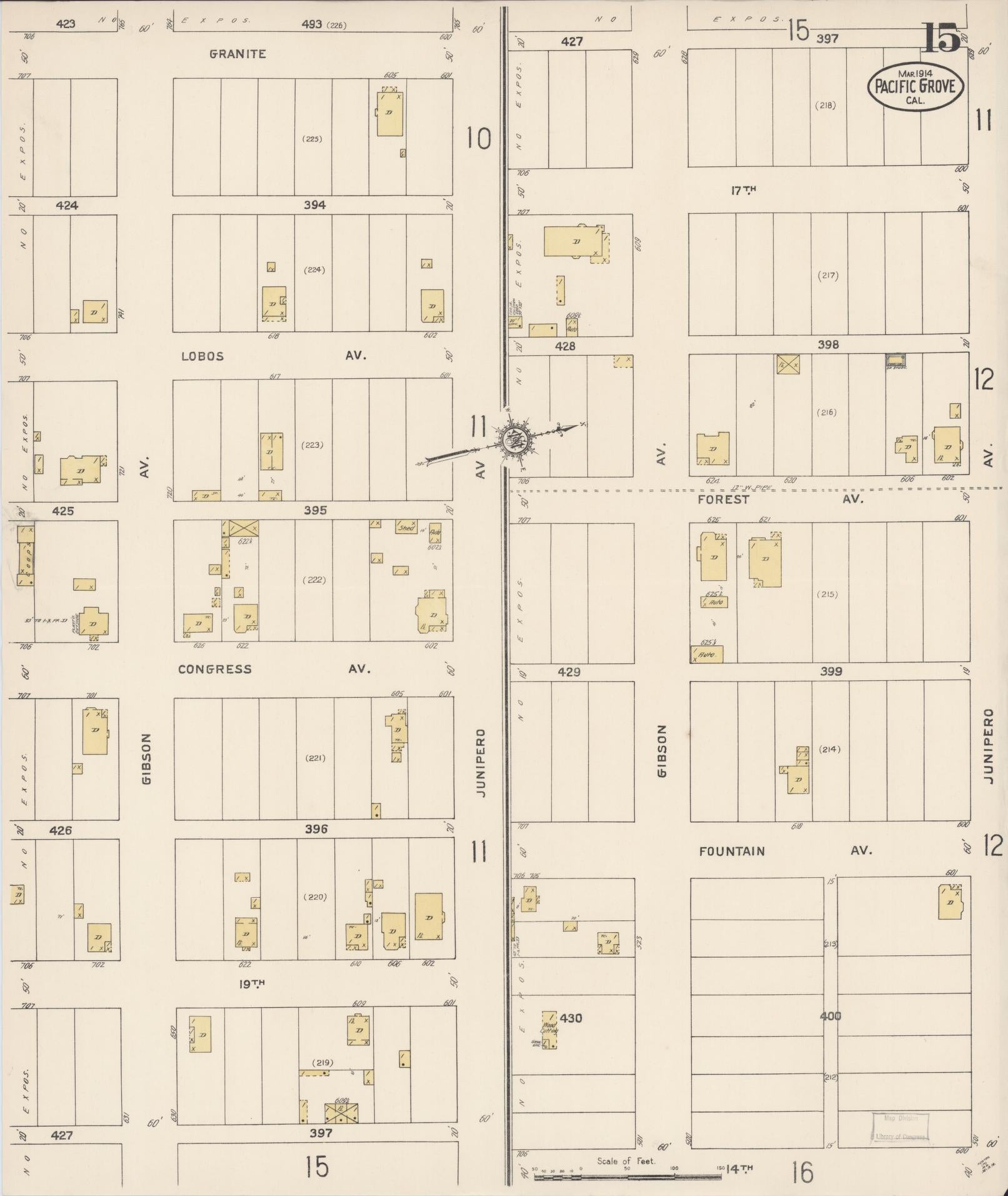 Sanborn Fire Insurance Map from Pacific Grove, Monterey County, California (1914), Sheet #0015 - Complete Map Set gallery image, historic Sanborn map, vintage wall art, California California