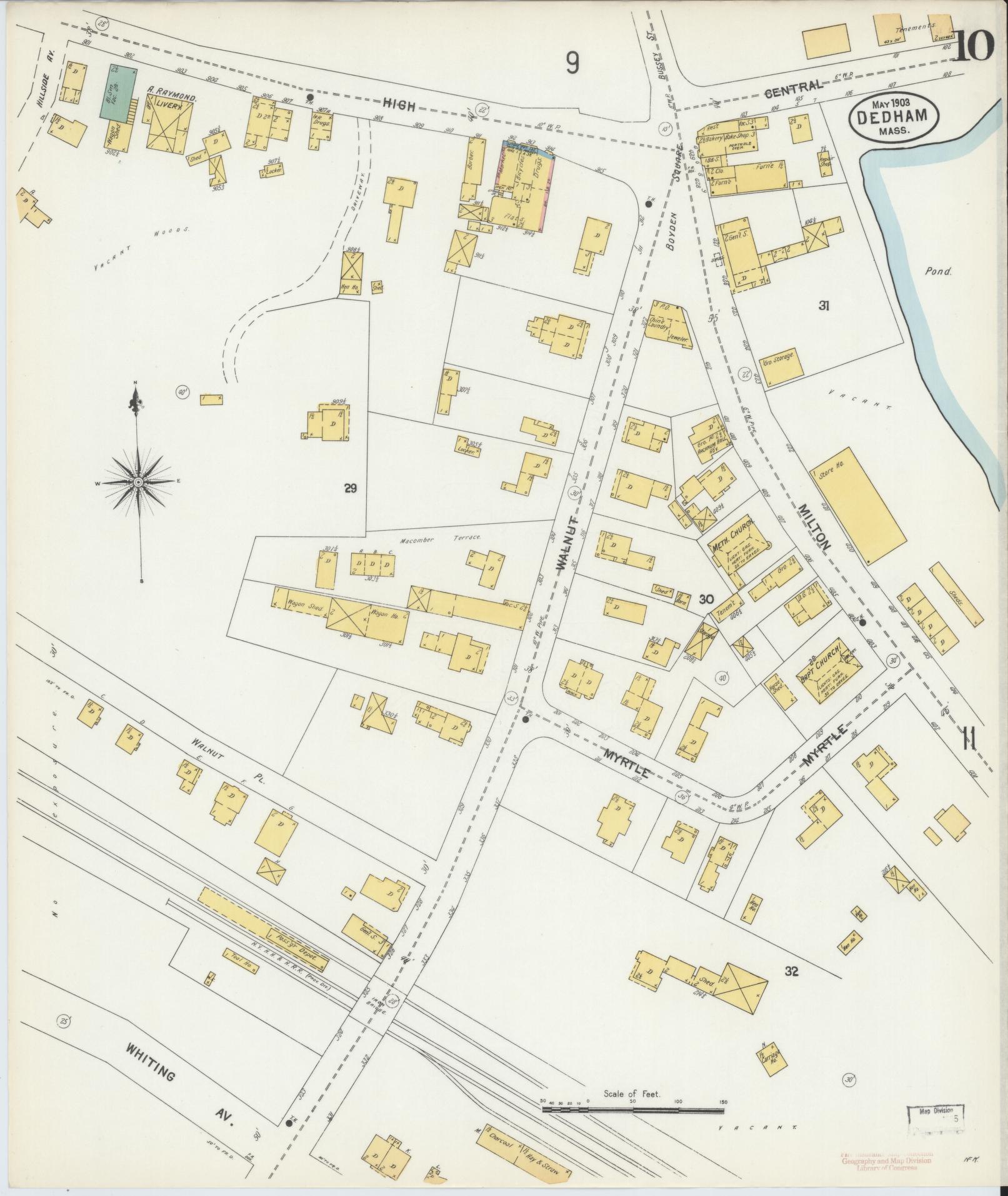 Sanborn Fire Insurance Map from Dedham, Norfolk County, Massachusetts (1903), Sheet #0010 - Historic Sanborn Fire Insurance Map Print, vintage old map wall art, antique decor, genealogy gift, Massachusetts Massachusetts map