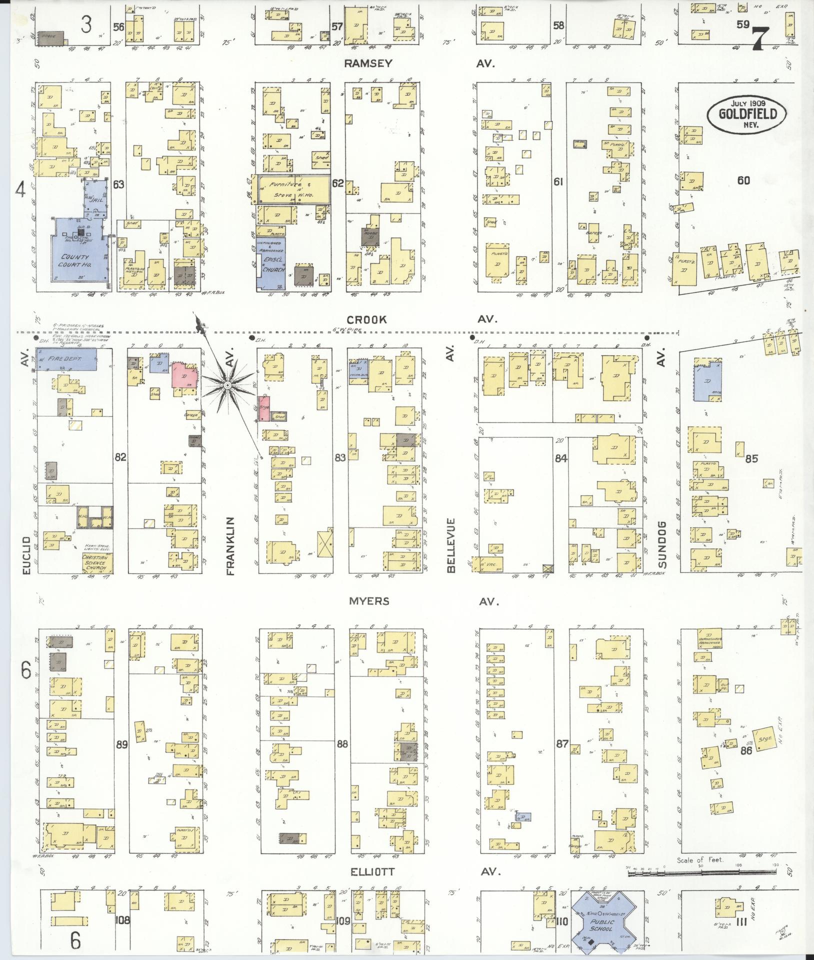 Sanborn Fire Insurance Map from Goldfield, Esmeralda County, Nevada (1909), Sheet #0007 - Historic Sanborn Fire Insurance Map Print, vintage old map wall art, antique decor, genealogy gift, Nevada Nevada map