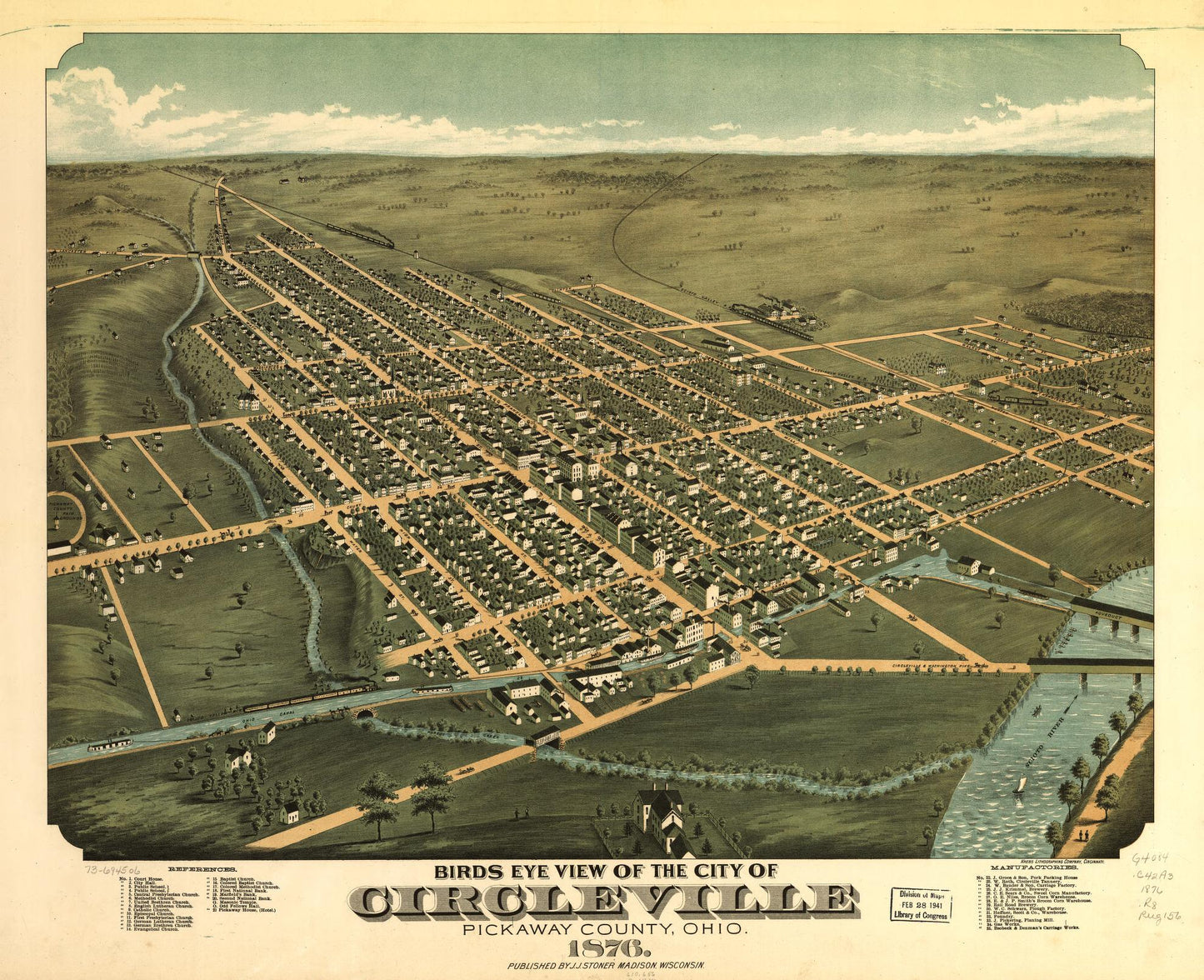 Birds eye view of the city of Circleville, Pickaway County, Ohio 1876. (1876) – Historic Bird’s-Eye View Panorama Print