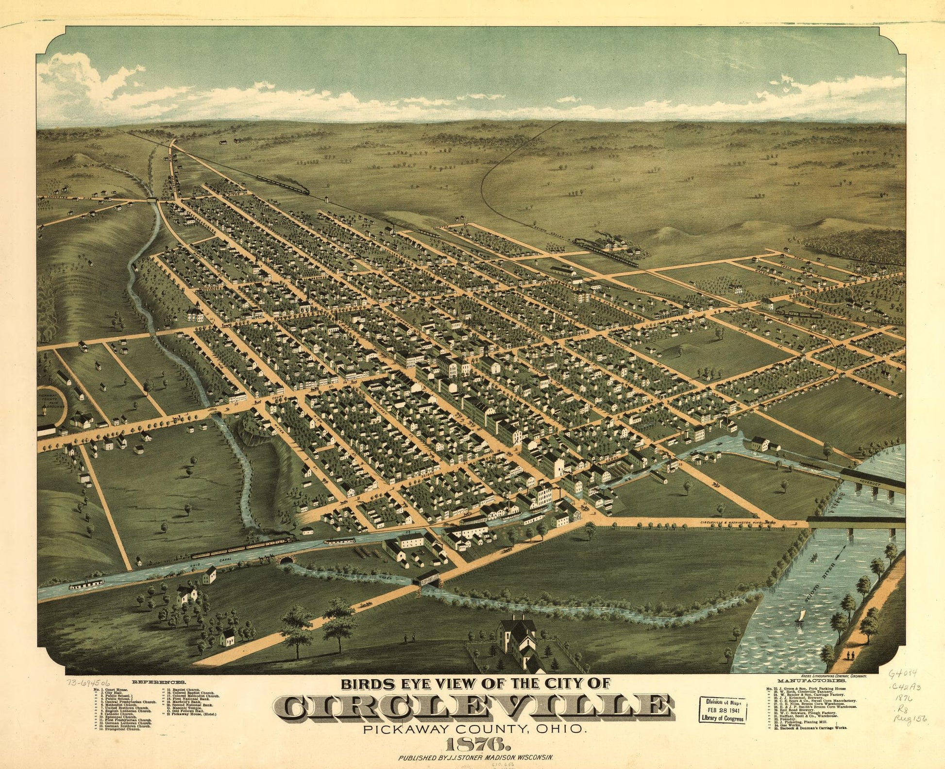 Birds eye view of the city of Circleville, Pickaway County, Ohio 1876. (1876) – Historic Bird’s-Eye View Panorama Print