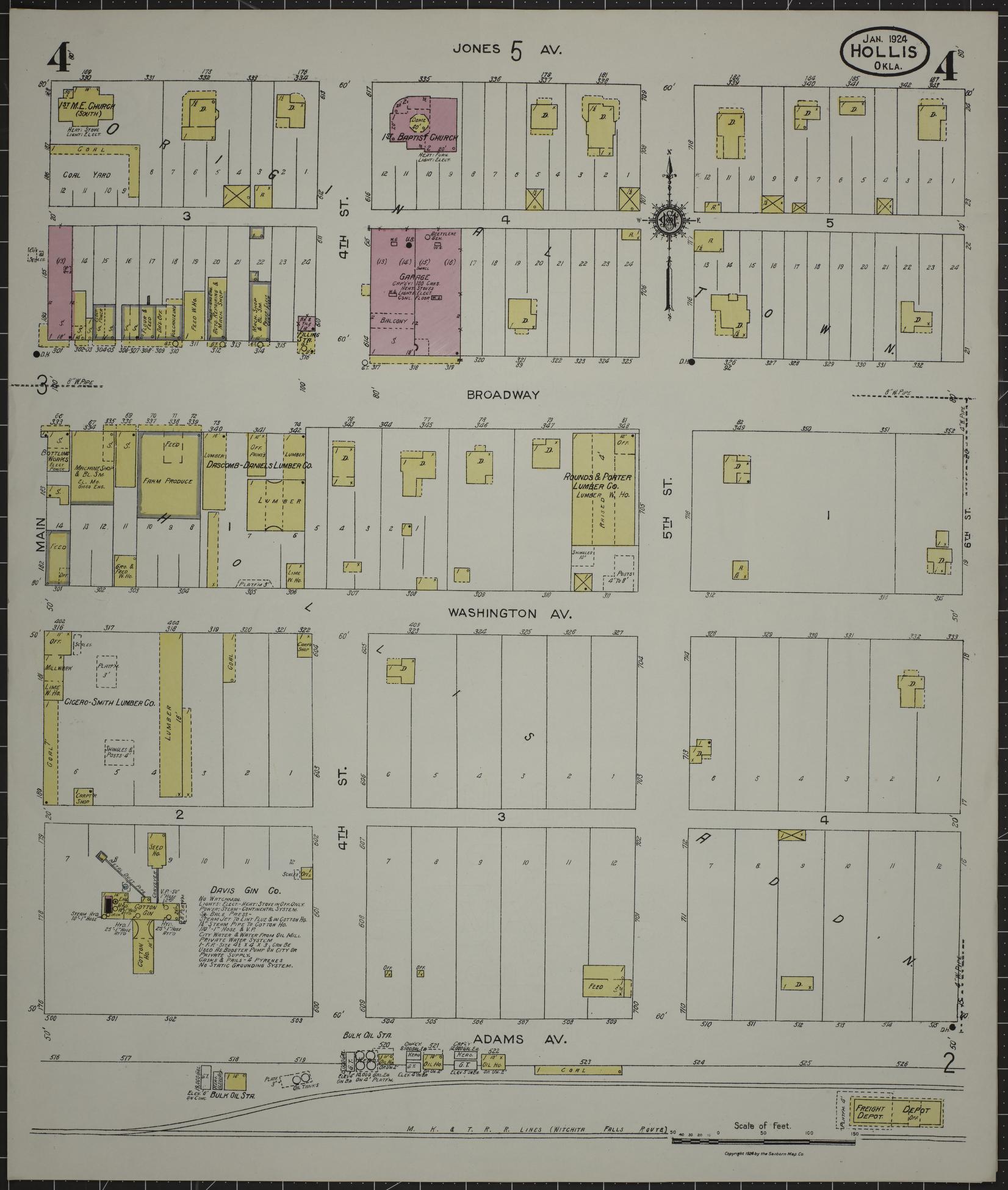 Sanborn Fire Insurance Map from Hollis, Harmon County, Oklahoma (1924), Sheet #0004 - Historic Sanborn Fire Insurance Map Print, vintage old map wall art, antique decor, genealogy gift, Oklahoma Oklahoma map