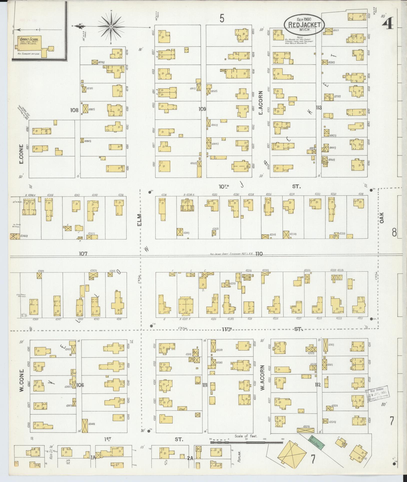 Sanborn Fire Insurance Map from Red Jacket, Houghton County, Michigan (1900), Sheet #0004 - Complete Map Set gallery image, historic Sanborn map, vintage wall art, Michigan Michigan
