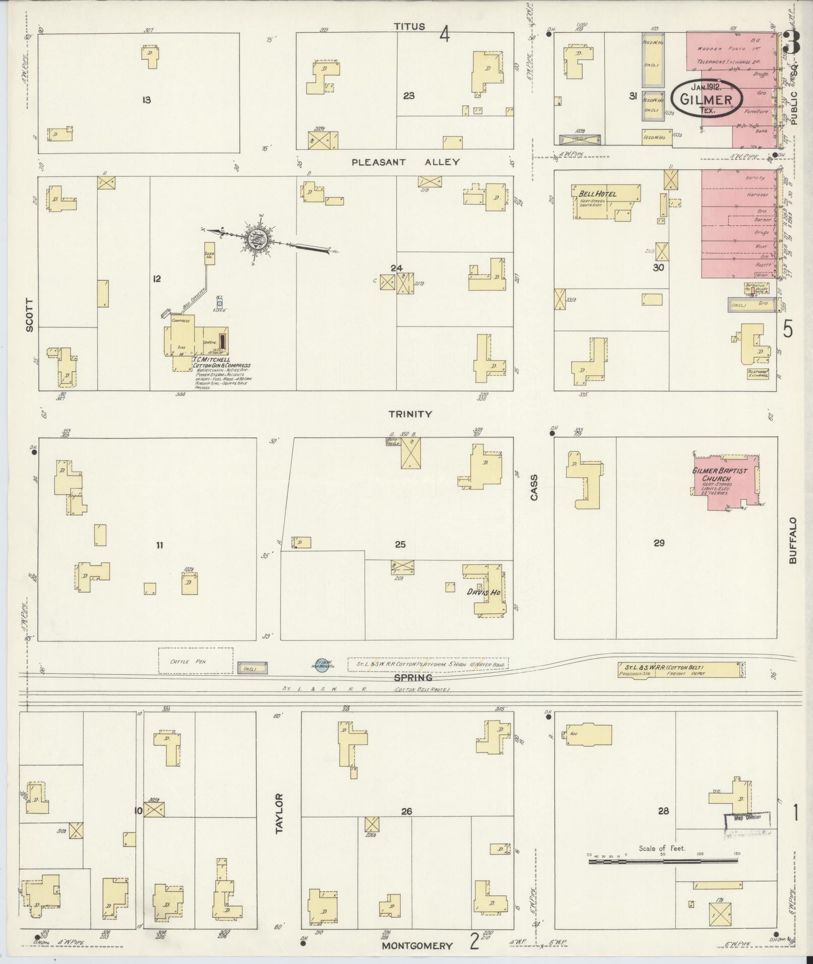 Sanborn Fire Insurance Map from Gilmer, Upshur County, Texas (1912), Sheet #0003 - Complete Map Set gallery image, historic Sanborn map, vintage wall art, Texas Texas