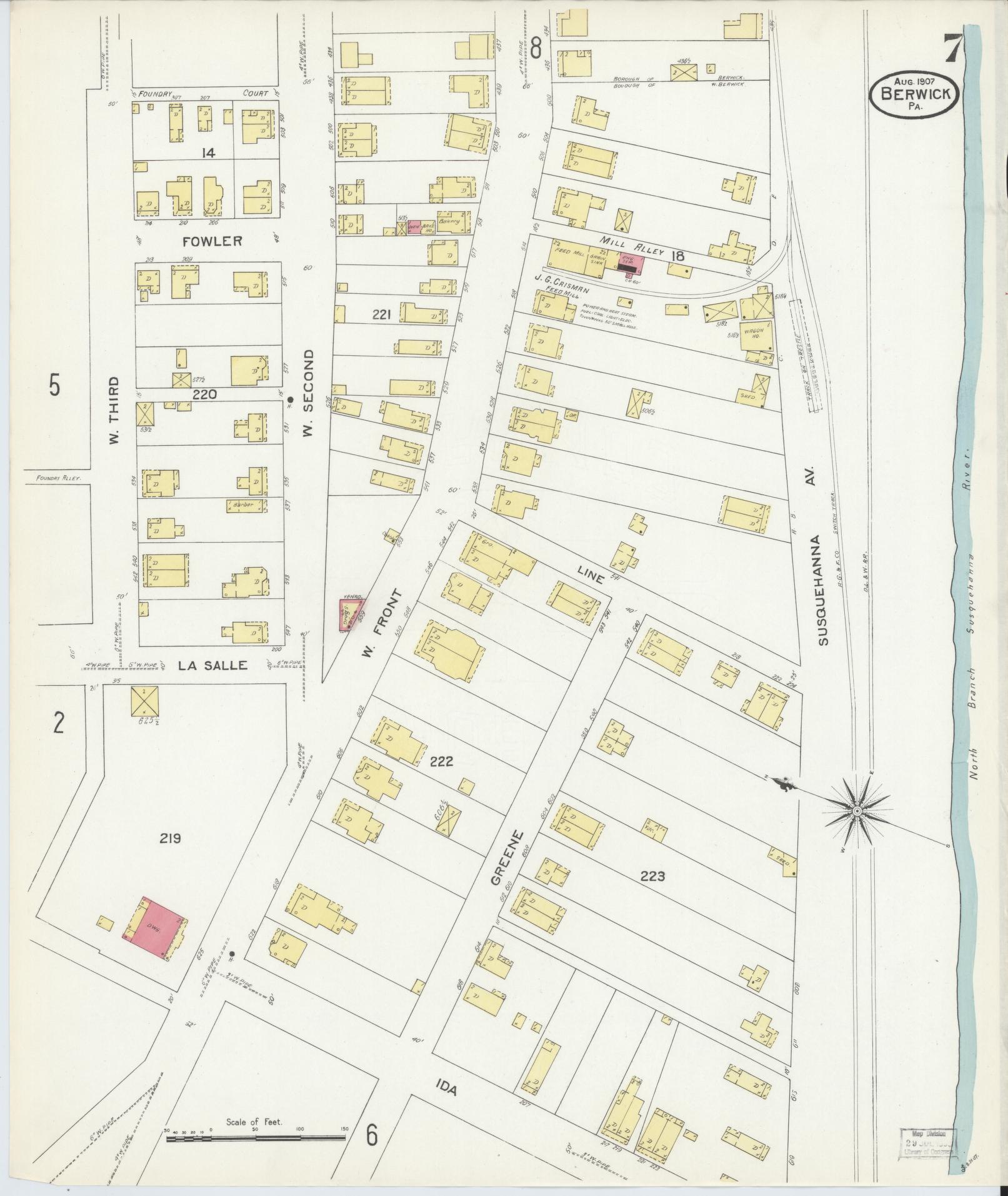 Sanborn Fire Insurance Map from Berwick, Columbia County, Pennsylvania (1907), Sheet #0007 - Historic Sanborn Fire Insurance Map Print, vintage old map wall art, antique decor, genealogy gift, Pennsylvania Pennsylvania map