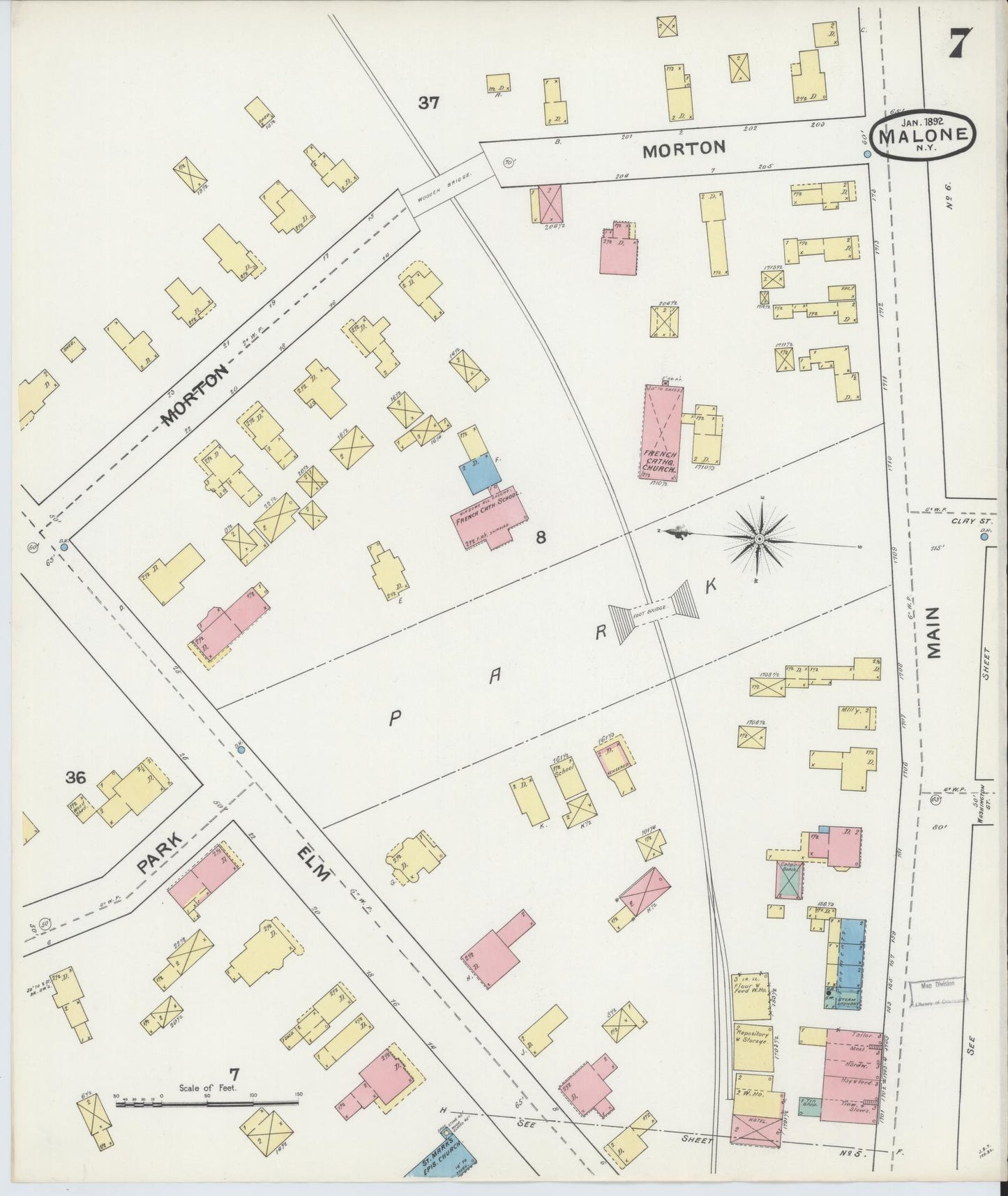 Sanborn Fire Insurance Map from Malone, Franklin County, New York (1892), Sheet #0007 - Complete Map Set gallery image, historic Sanborn map, vintage wall art, New York New York