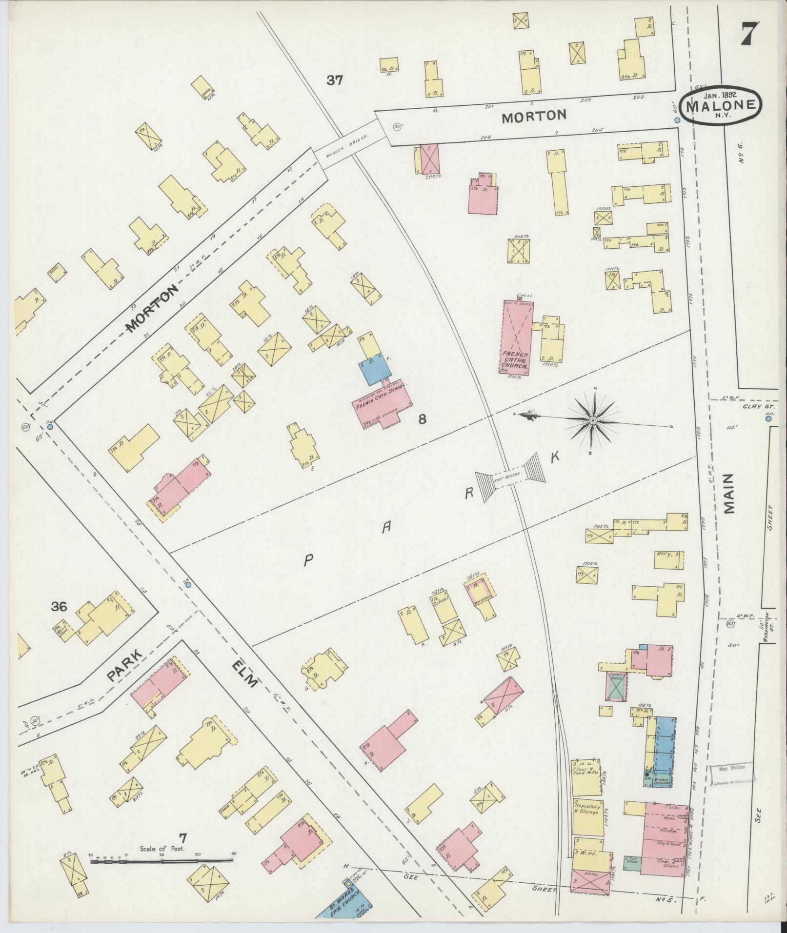 Sanborn Fire Insurance Map from Malone, Franklin County, New York (1892), Sheet #0007 - Complete Map Set gallery image, historic Sanborn map, vintage wall art, New York New York