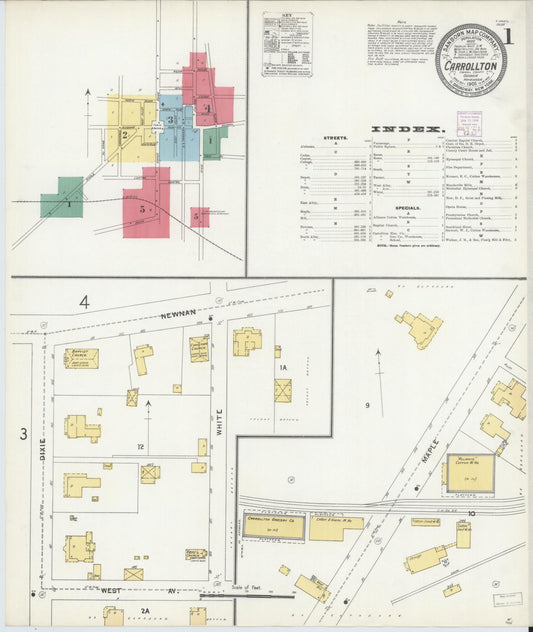 Sanborn Fire Insurance Map from Carrollton, Carroll County, Georgia (1905), Sheet #0001 - Historic Sanborn Fire Insurance Map Print, vintage old map wall art, antique decor, genealogy gift, Georgia Georgia map