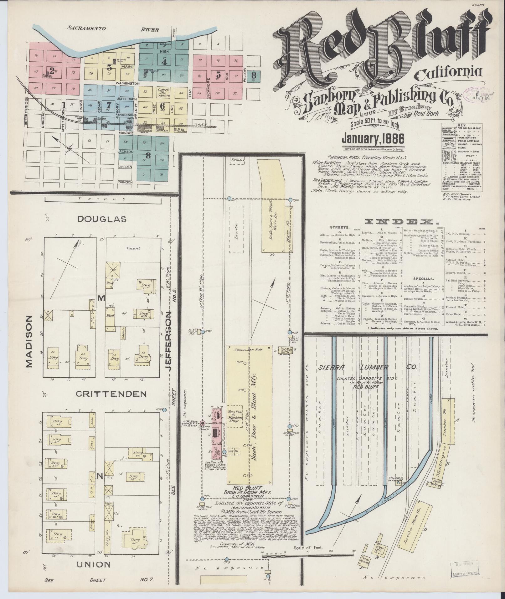 Sanborn Fire Insurance Map from Red Bluff, Tehama County, California (1886), Sheet #0001 - Complete Map Set gallery image, historic Sanborn map, vintage wall art, California California