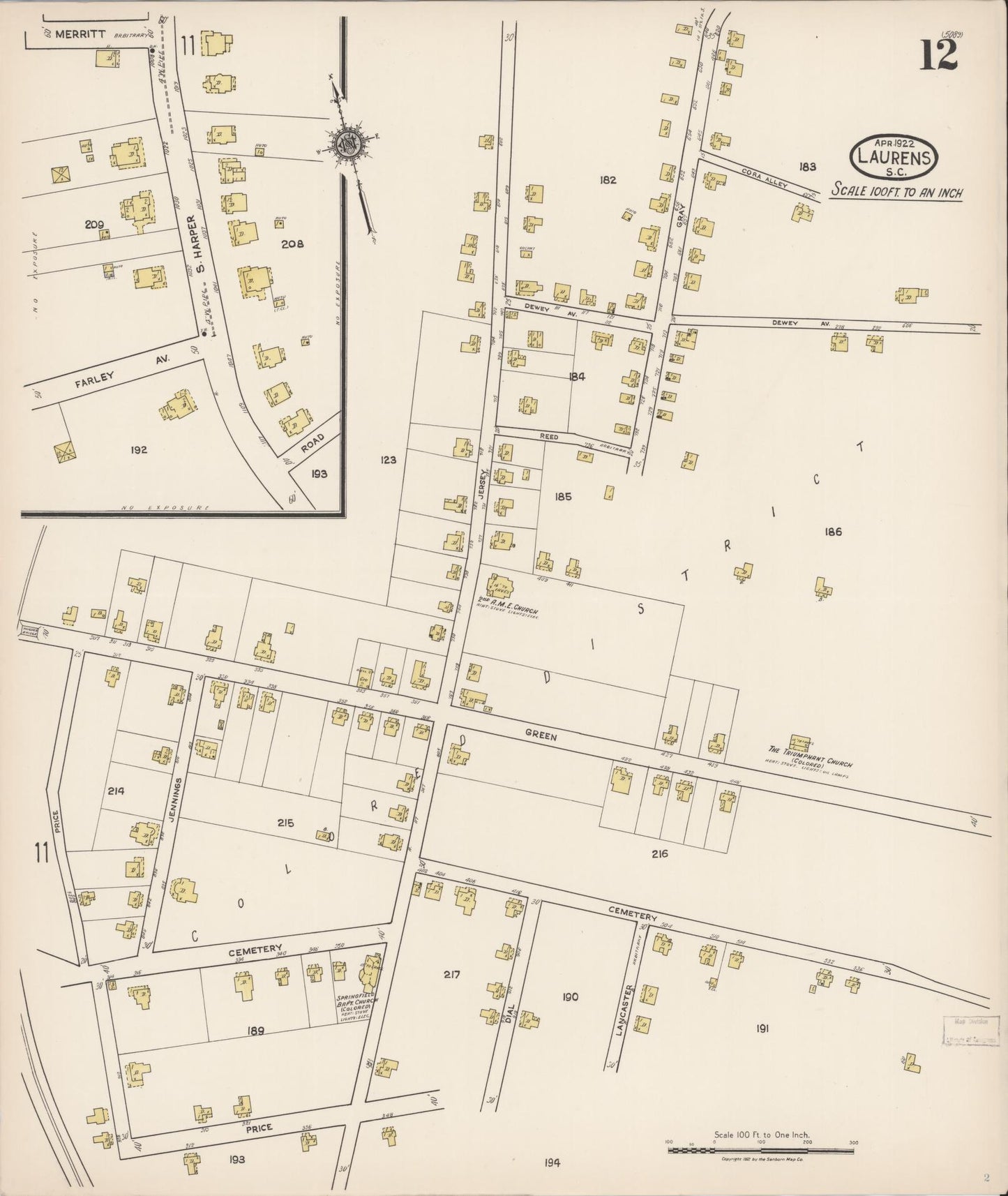 Sanborn Fire Insurance Map from Laurens, Laurens County, South Carolina (1922), Sheet #0012 - Historic Sanborn Fire Insurance Map Print, vintage old map wall art, antique decor, genealogy gift, South Carolina South Carolina map