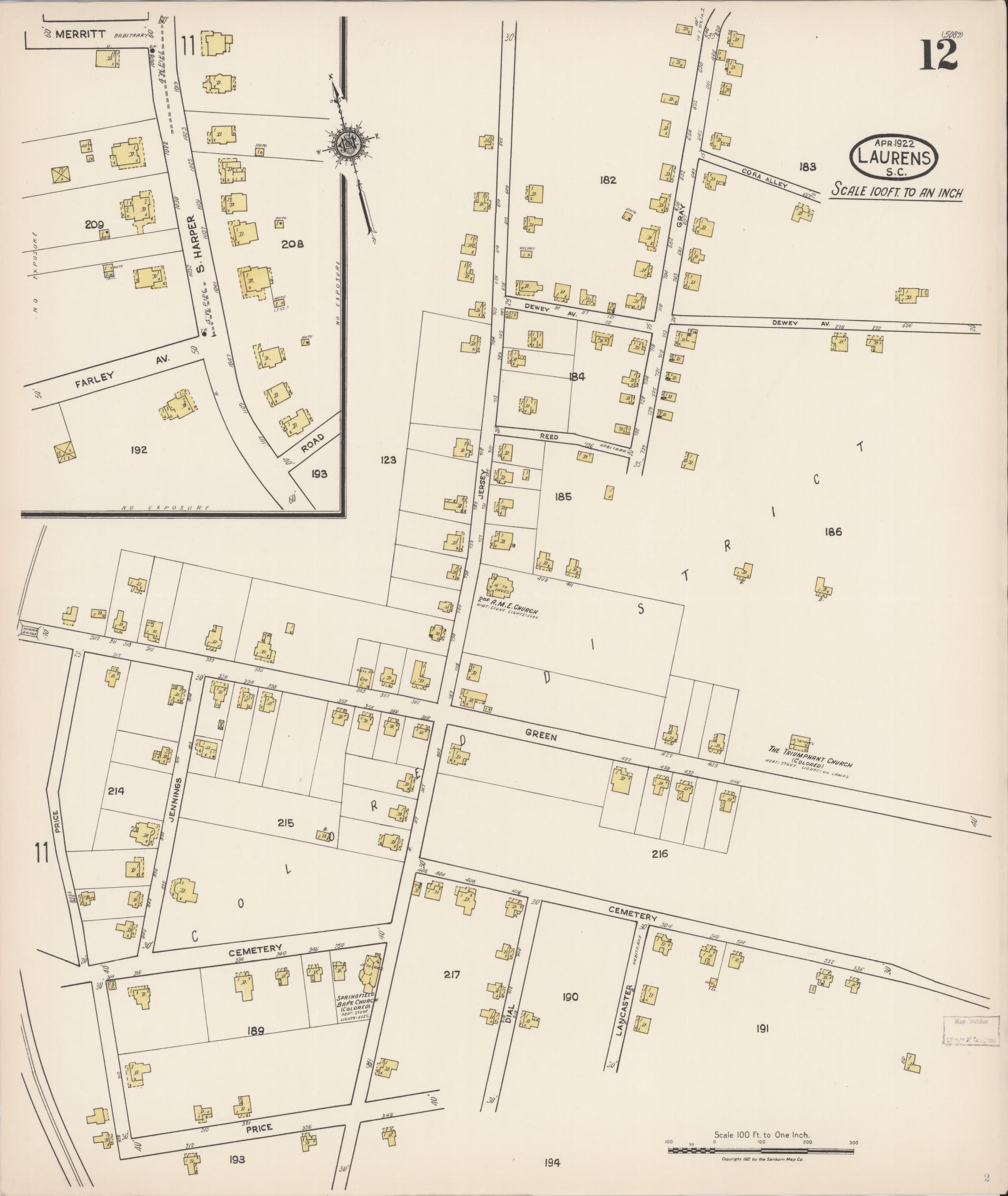 Sanborn Fire Insurance Map from Laurens, Laurens County, South Carolina (1922), Sheet #0012 - Historic Sanborn Fire Insurance Map Print, vintage old map wall art, antique decor, genealogy gift, South Carolina South Carolina map