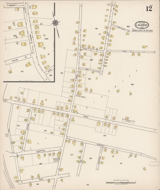 Sanborn Fire Insurance Map from Laurens, Laurens County, South Carolina (1922), Sheet #0012 - Historic Sanborn Fire Insurance Map Print, vintage old map wall art, antique decor, genealogy gift, South Carolina South Carolina map