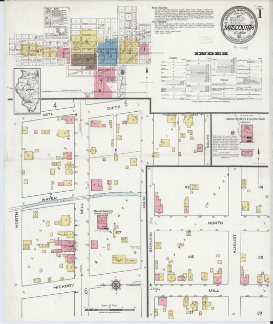 Sanborn Fire Insurance Map from Mascoutah, Saint Clair County, Illinois (1921), Sheet #0001 - Historic Sanborn Fire Insurance Map Print, vintage old map wall art, antique decor, genealogy gift, Illinois Illinois map