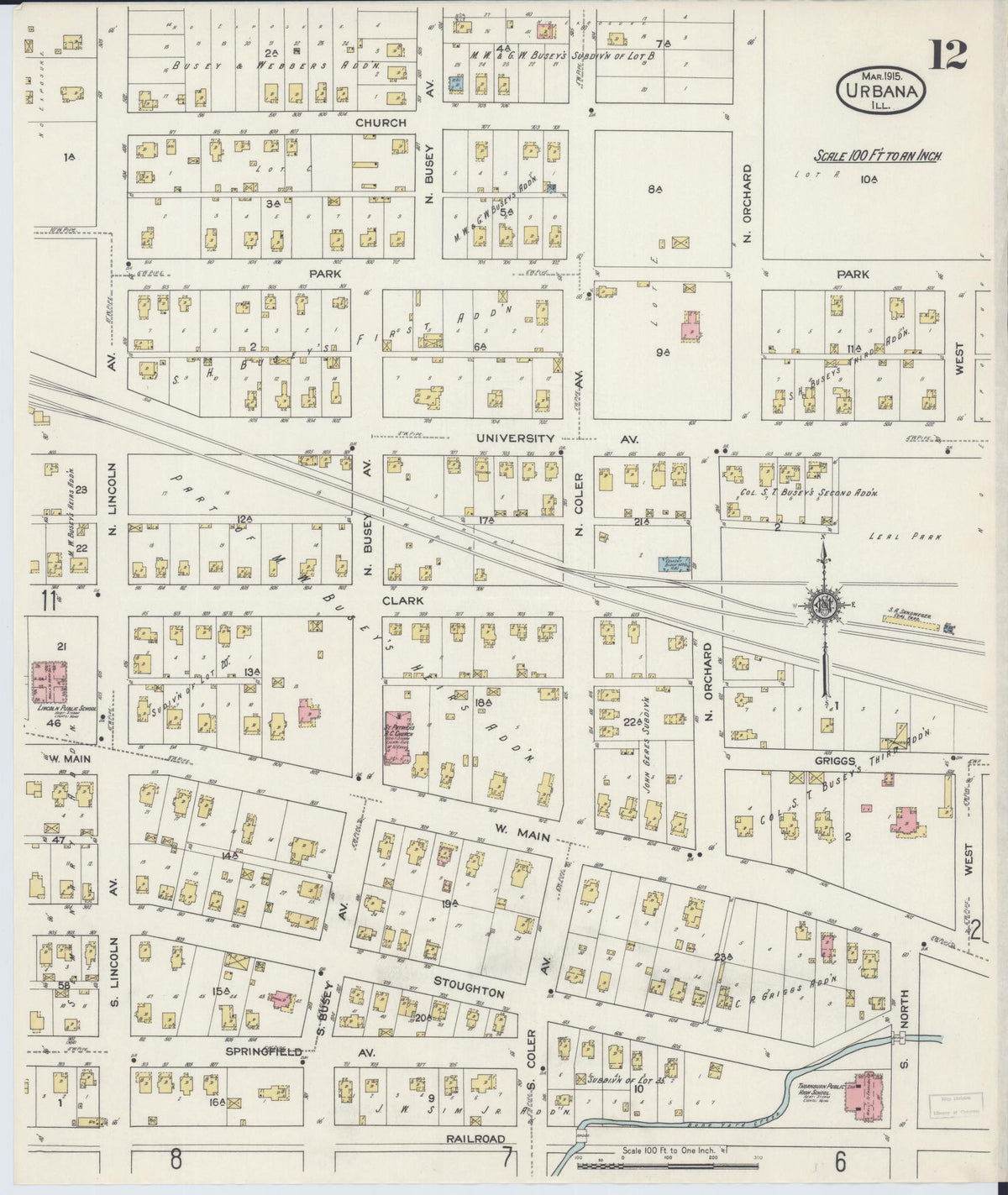 Sanborn Fire Insurance Map from Urbana, Champaign County, Illinois (1915), Sheet #0012 - Complete Map Set gallery image, historic Sanborn map, vintage wall art, Illinois Illinois