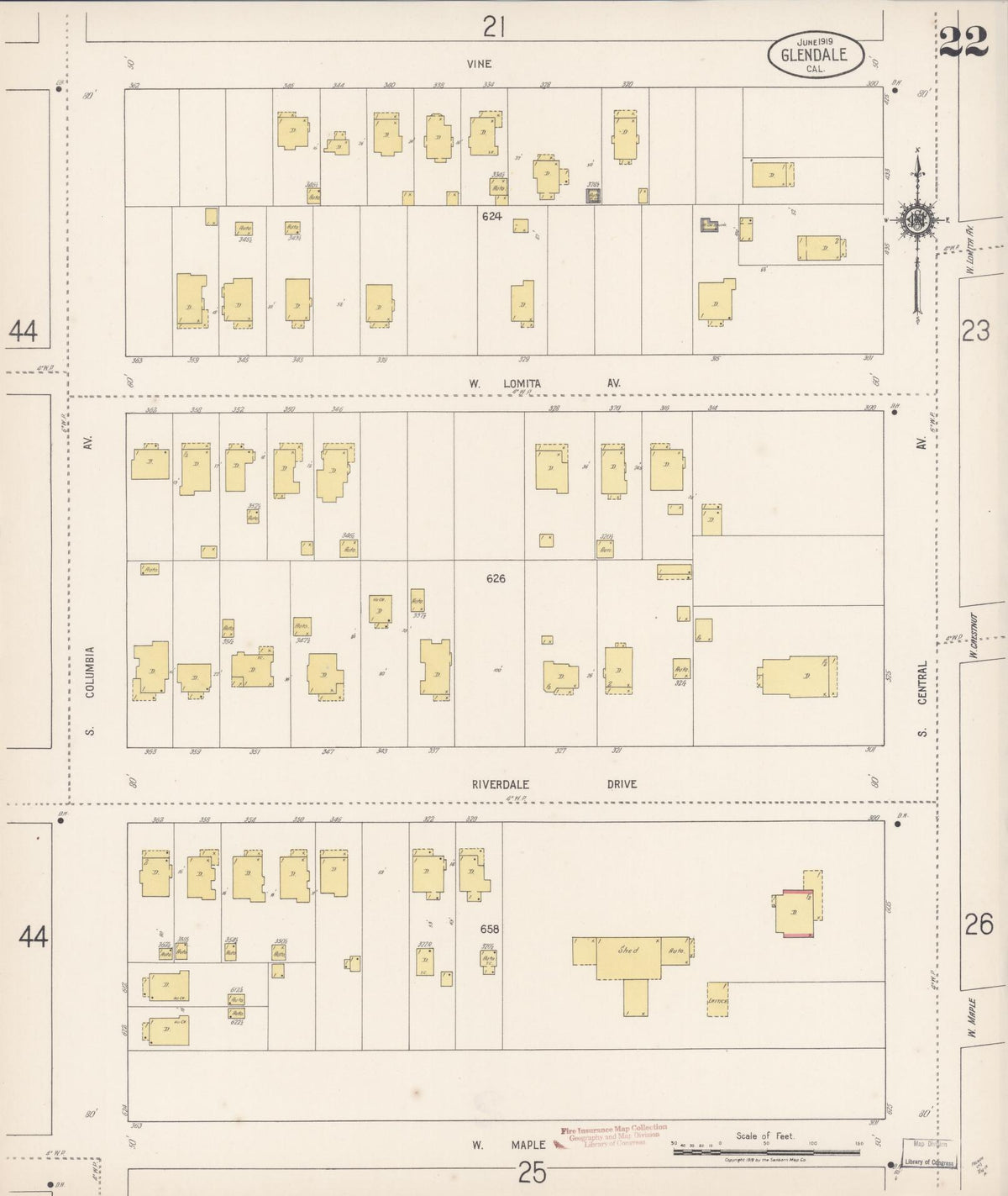 Sanborn Fire Insurance Map from Glendale, Los Angeles County, California (1919), Sheet #0022 - Complete Map Set gallery image, historic Sanborn map, vintage wall art, California California