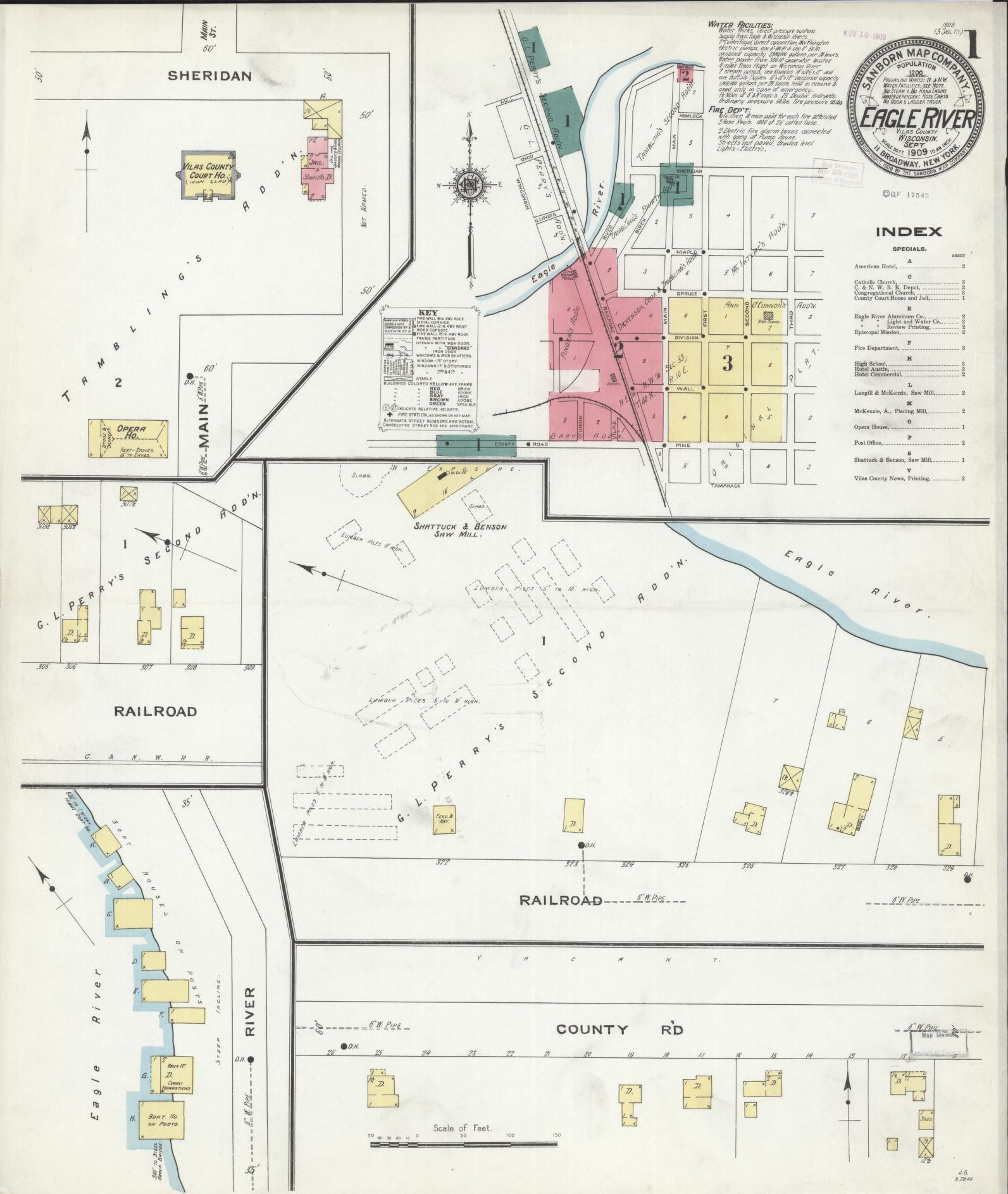 Sanborn Fire Insurance Map from Eagle River, Vilas County, Wisconsin (1909), Sheet #0001 - Historic Sanborn Fire Insurance Map Print, vintage old map wall art, antique decor, genealogy gift, Wisconsin Wisconsin map