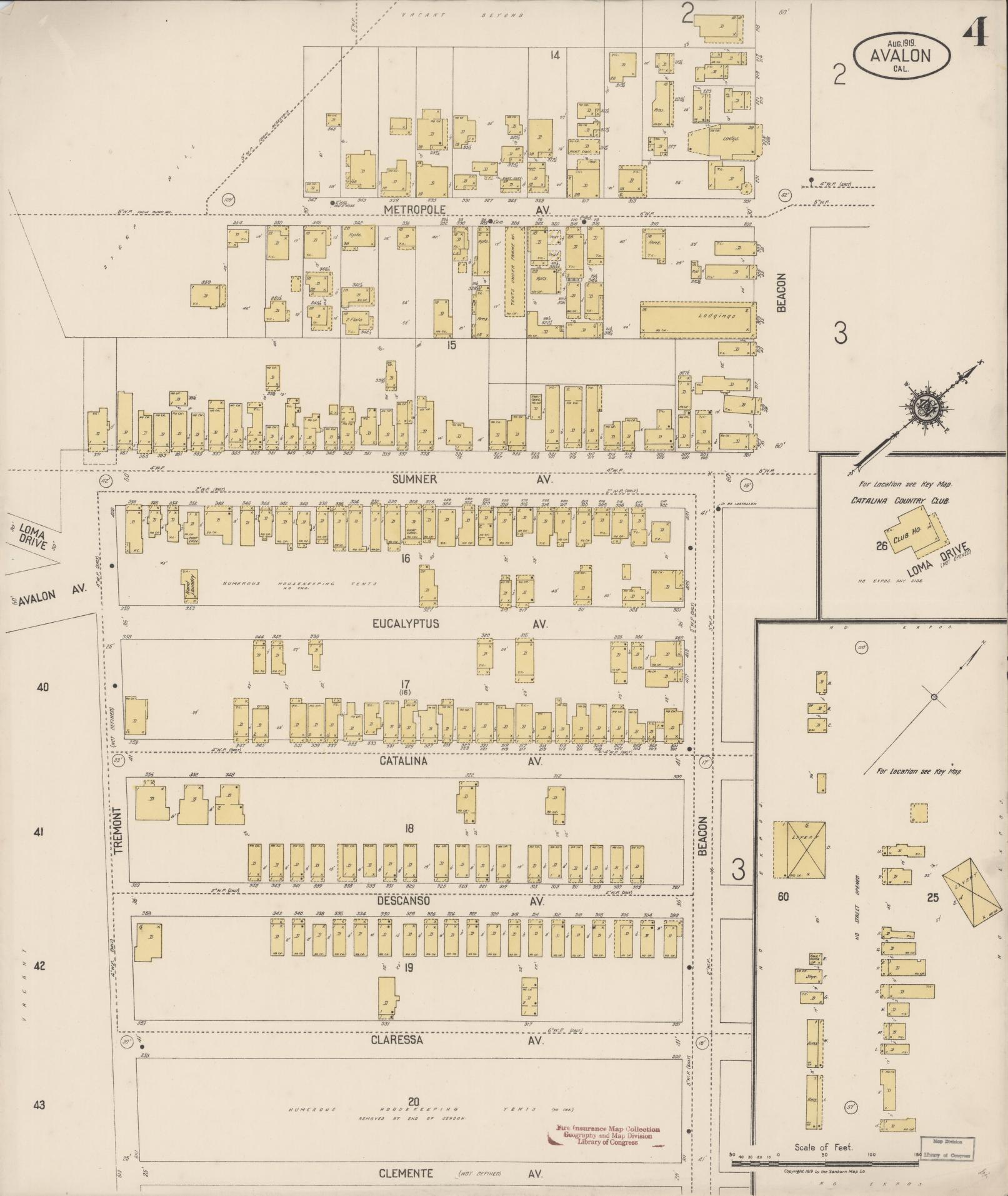 Sanborn Fire Insurance Map from Avalon, Los Angeles County, California (1919), Sheet #0004 - Historic Sanborn Fire Insurance Map Print, vintage old map wall art, antique decor, genealogy gift, California California map