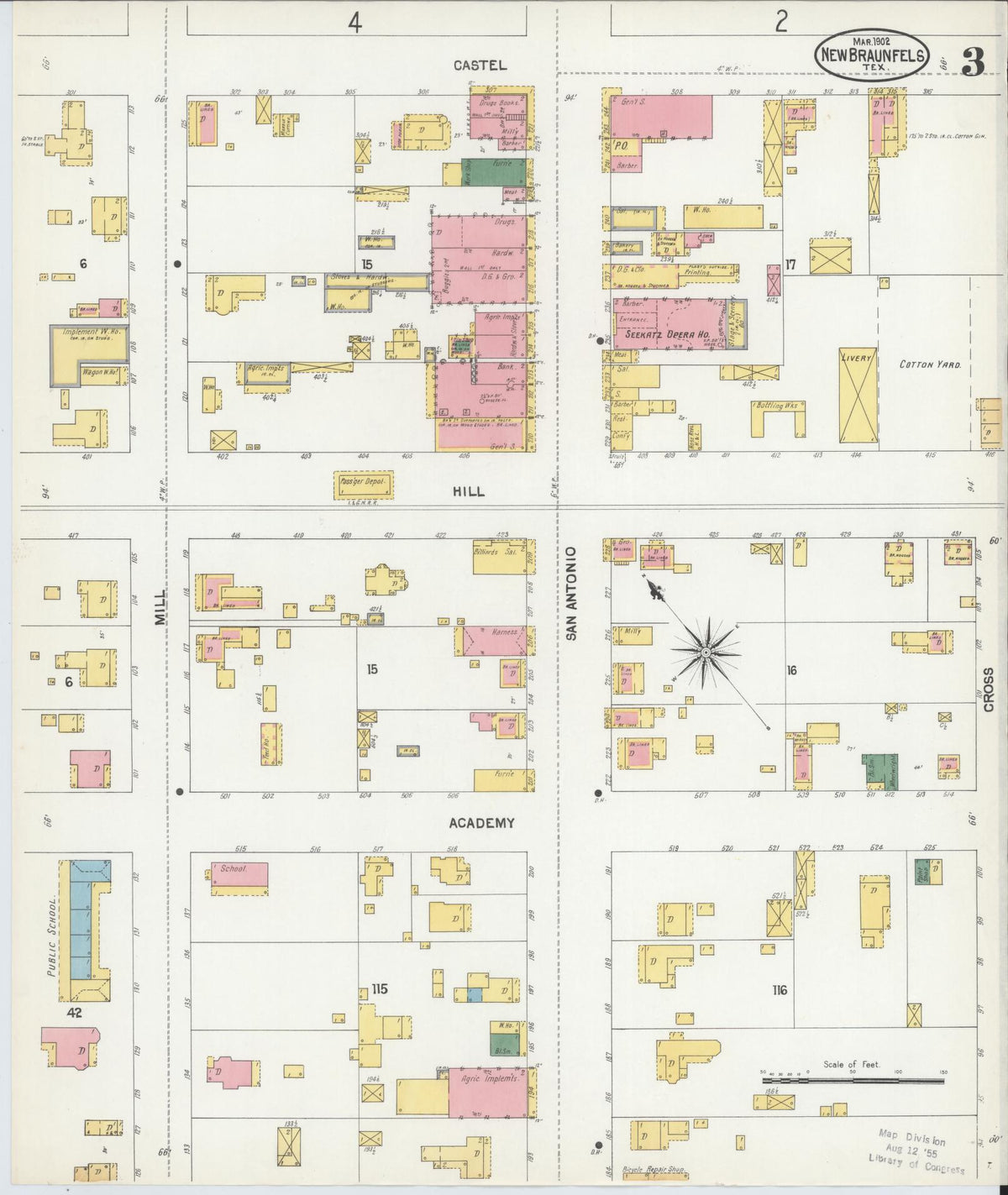 Sanborn Fire Insurance Map from New Braunfels, Comal County, Texas (1902), Sheet #0003 - Complete Map Set gallery image, historic Sanborn map, vintage wall art, Texas Texas