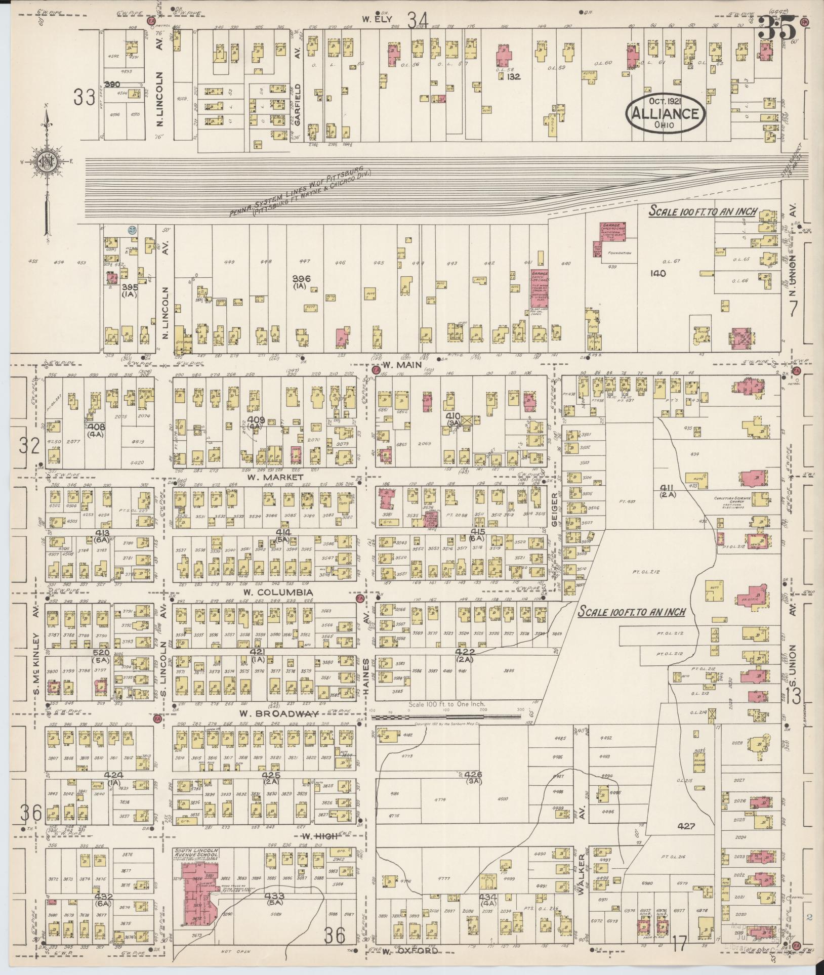 Sanborn Fire Insurance Map from Alliance, Stark County, Ohio (1921), Sheet #0035 - Complete Map Set gallery image, historic Sanborn map, vintage wall art, Ohio Ohio