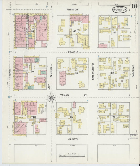 Sanborn Fire Insurance Map from Houston, Harris County, Texas (1890), Sheet #0010 - Historic Sanborn Fire Insurance Map Print, vintage old map wall art, antique decor, genealogy gift, Texas Texas map
