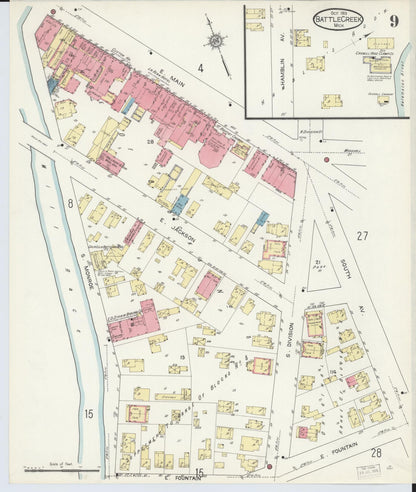 Sanborn Fire Insurance Map from Battle Creek, Calhoun County, Michigan (1913), Sheet #0009 - Historic Sanborn Fire Insurance Map Print, vintage old map wall art, antique decor, genealogy gift, Michigan Michigan map