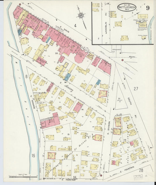 Sanborn Fire Insurance Map from Battle Creek, Calhoun County, Michigan (1913), Sheet #0009 - Historic Sanborn Fire Insurance Map Print, vintage old map wall art, antique decor, genealogy gift, Michigan Michigan map