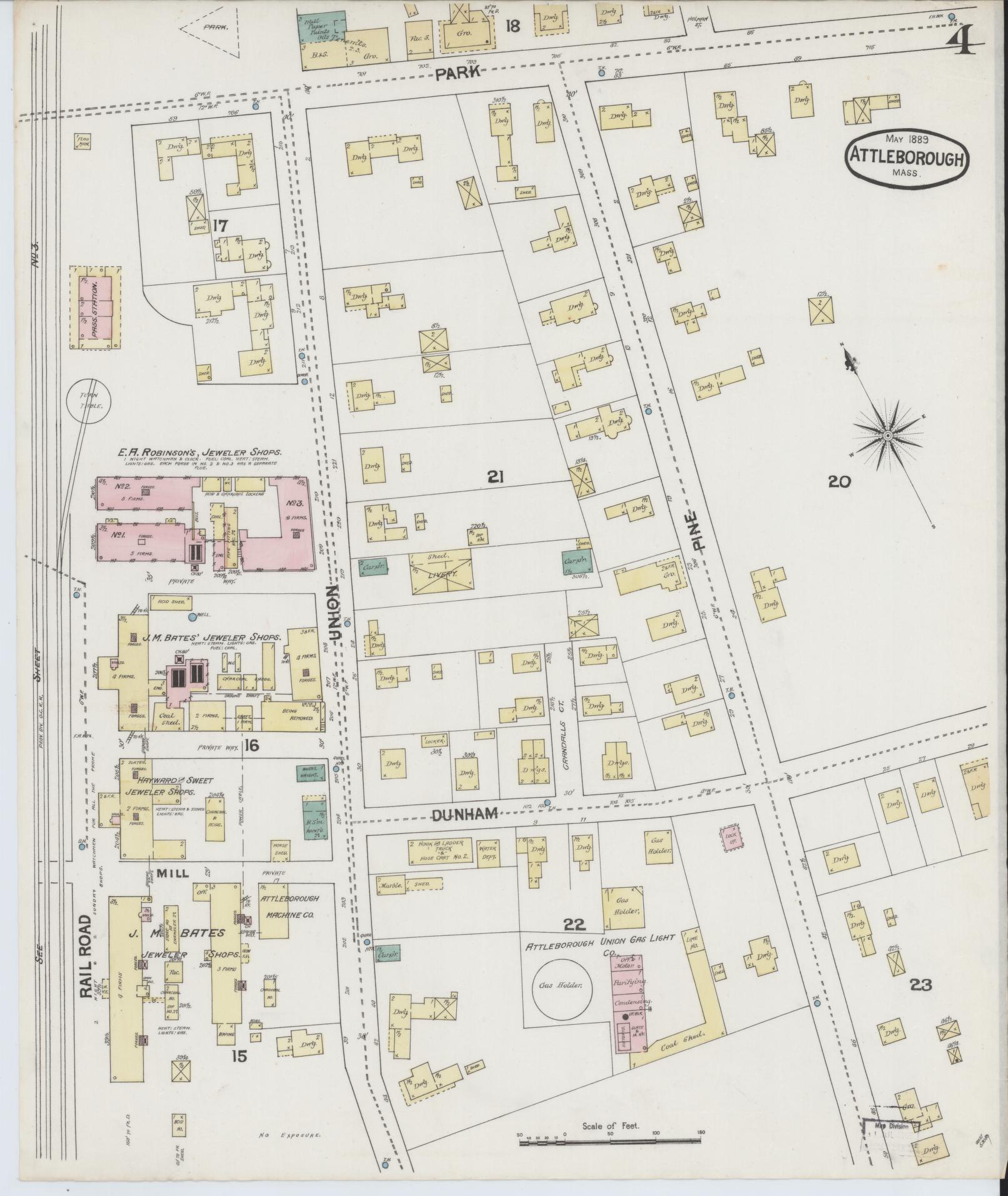Sanborn Fire Insurance Map from Attleboro, Bristol County, Massachusetts (1889), Sheet #0004 - Complete Map Set gallery image, historic Sanborn map, vintage wall art, Massachusetts Massachusetts
