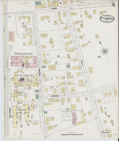 Sanborn Fire Insurance Map from Attleboro, Bristol County, Massachusetts (1889), Sheet #0004 - Complete Map Set gallery image, historic Sanborn map, vintage wall art, Massachusetts Massachusetts