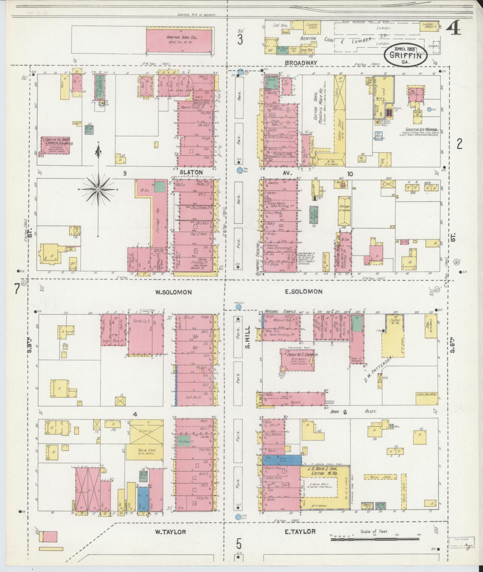 Sanborn Fire Insurance Map from Griffin, Spalding County, Georgia (1905), Sheet #0004 - Complete Map Set gallery image, historic Sanborn map, vintage wall art, Georgia Georgia