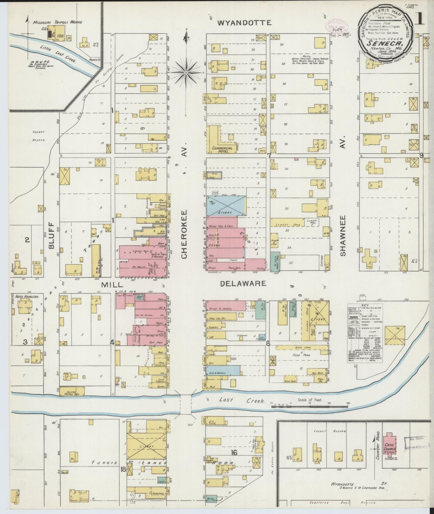 Sanborn Fire Insurance Map from Seneca, Newton County, Missouri (1894), Sheet #0001 - Historic Sanborn Fire Insurance Map Print, vintage old map wall art, antique decor, genealogy gift, Missouri Missouri map