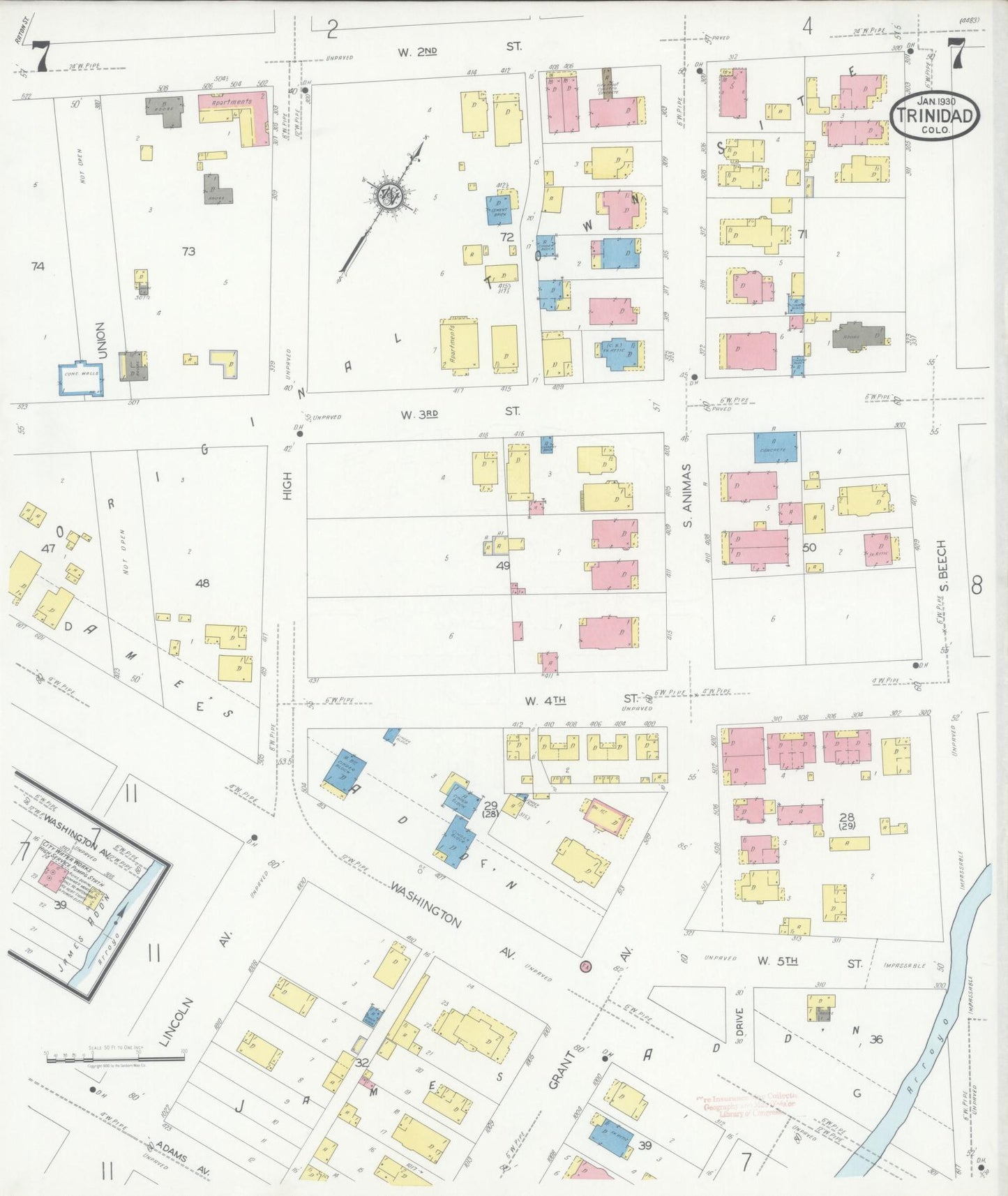 Sanborn Fire Insurance Map from Trinidad, Las Animas County, Colorado (1930), Sheet #0007 - Complete Map Set gallery image, historic Sanborn map, vintage wall art, Colorado Colorado