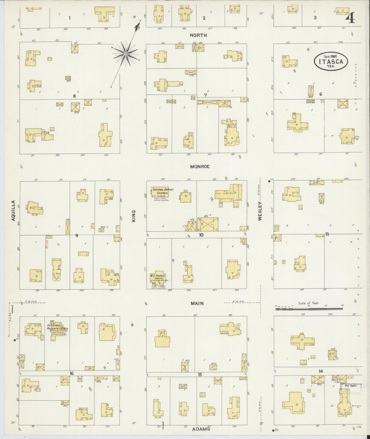 Sanborn Fire Insurance Map from Itasca, Hill County, Texas (1907), Sheet #0004 - Historic Sanborn Fire Insurance Map Print, vintage old map wall art, antique decor, genealogy gift, Texas Texas map
