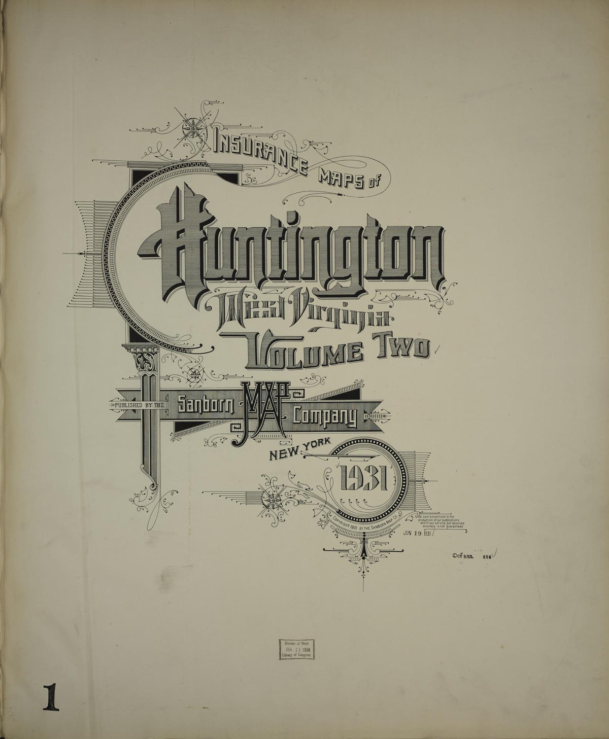 Sanborn Fire Insurance Map from Huntington, Cabell County, West Virginia (1931), Sheet #0001 - Historic Sanborn Fire Insurance Map Print, vintage old map wall art, antique decor, genealogy gift, West Virginia West Virginia map