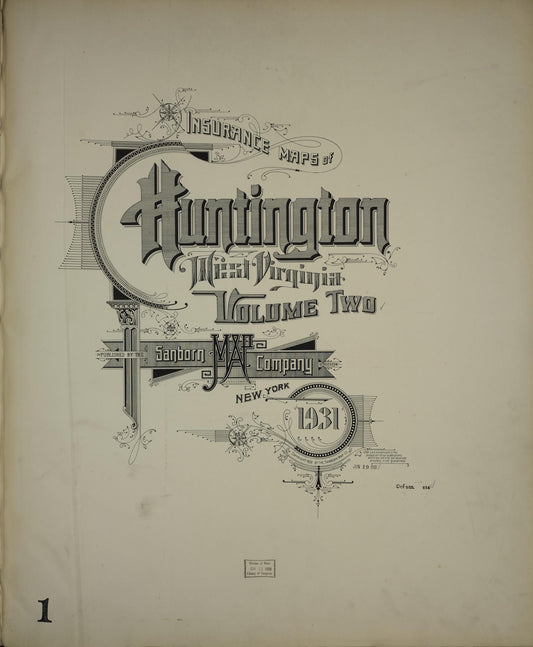 Sanborn Fire Insurance Map from Huntington, Cabell County, West Virginia (1931), Sheet #0001 - Historic Sanborn Fire Insurance Map Print, vintage old map wall art, antique decor, genealogy gift, West Virginia West Virginia map