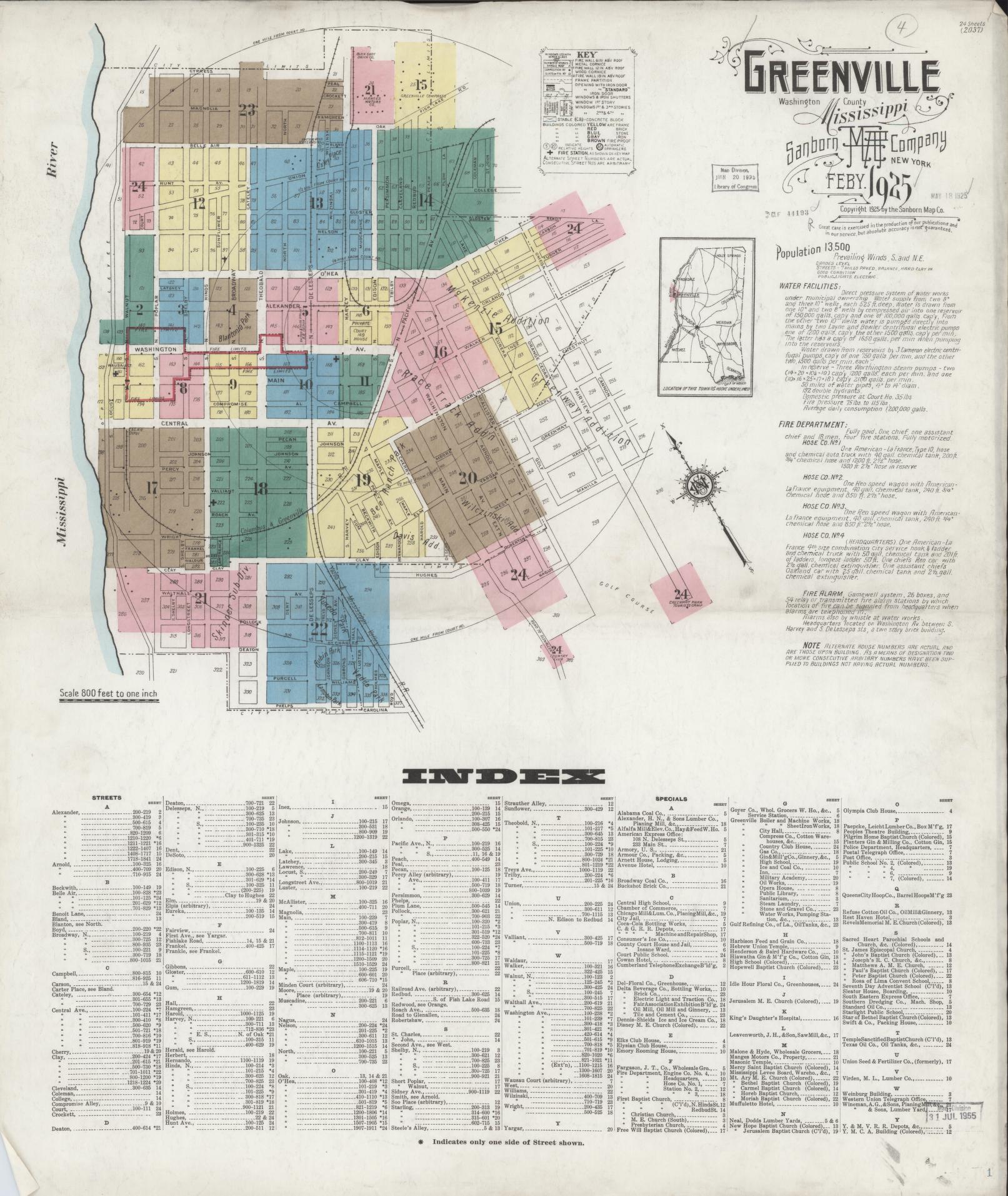 Sanborn Fire Insurance Map from Greenville, Washington County, Mississippi (1925), Sheet #0001 - Historic Sanborn Fire Insurance Map Print, vintage old map wall art, antique decor, genealogy gift, Mississippi Mississippi map