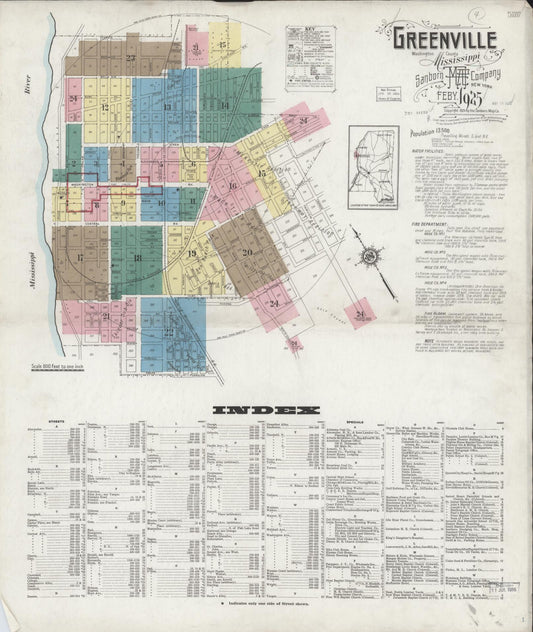 Sanborn Fire Insurance Map from Greenville, Washington County, Mississippi (1925), Sheet #0001 - Historic Sanborn Fire Insurance Map Print, vintage old map wall art, antique decor, genealogy gift, Mississippi Mississippi map