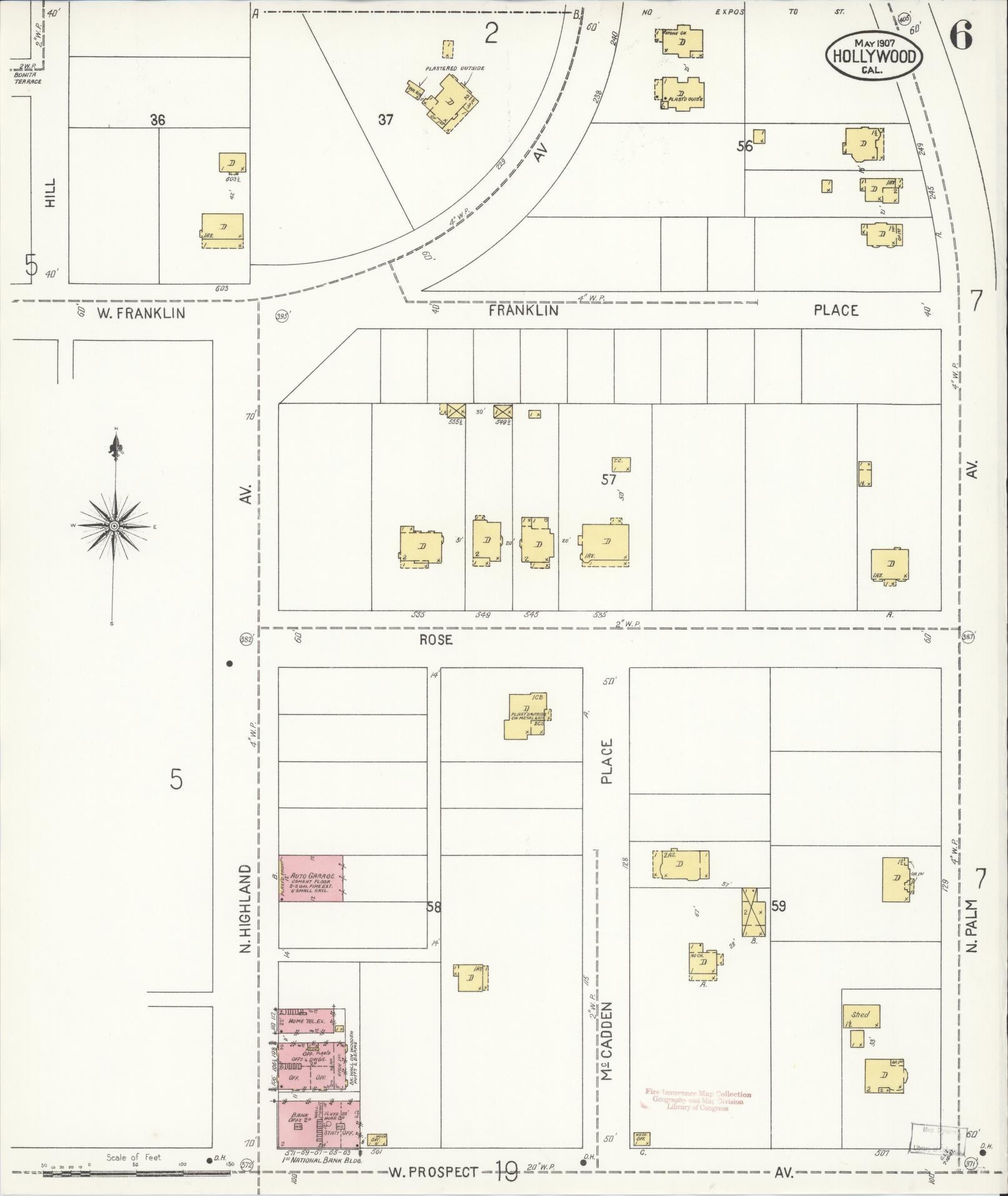 Sanborn Fire Insurance Map from Hollywood, Los Angeles County, California (1907), Sheet #0006 - Complete Map Set gallery image, historic Sanborn map, vintage wall art, California California