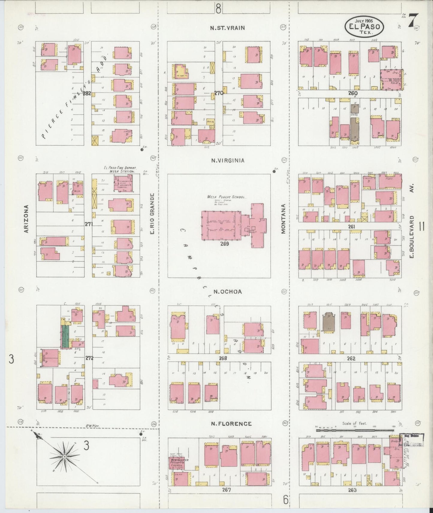 Sanborn Fire Insurance Map from El Paso, El Paso County, Texas (1905), Sheet #0007 - Complete Map Set gallery image, historic Sanborn map, vintage wall art, Texas Texas