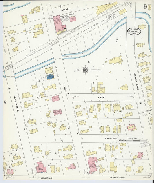 Sanborn Fire Insurance Map from Pontiac, Oakland County, Michigan (1909), Sheet #0009 - Historic Sanborn Fire Insurance Map Print, vintage old map wall art, antique decor, genealogy gift, Michigan Michigan map