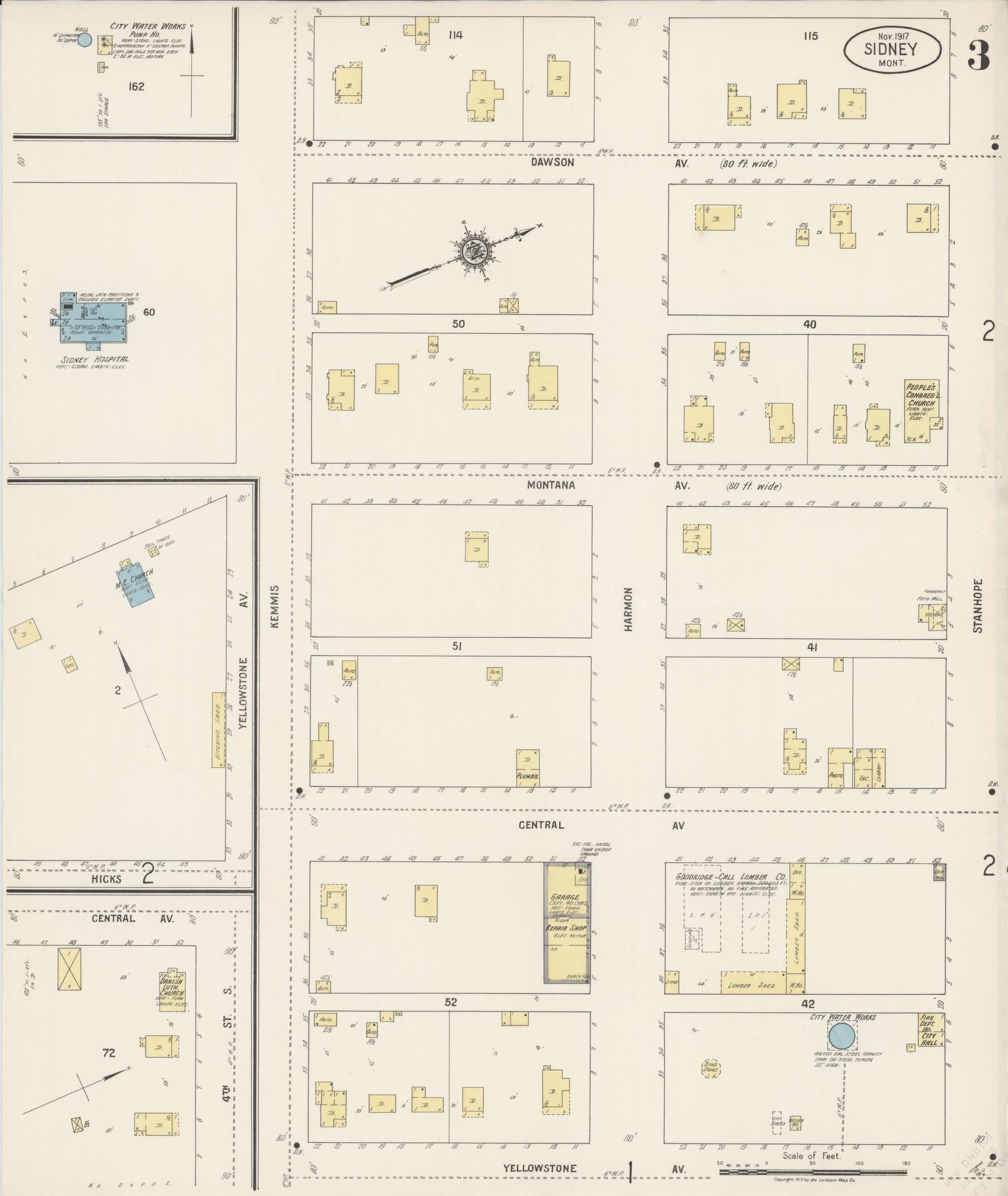 Sanborn Fire Insurance Map from Sidney, Richland County, Montana (1917), Sheet #0003 - Complete Map Set gallery image, historic Sanborn map, vintage wall art, Montana Montana