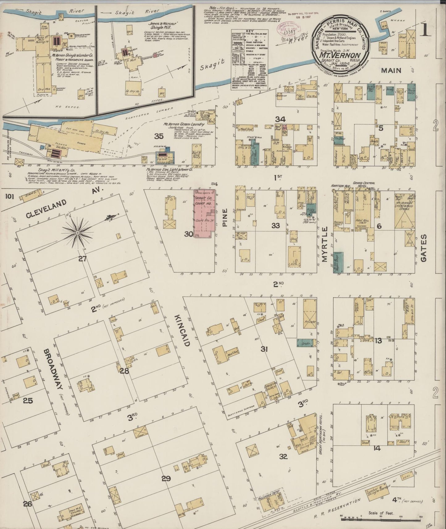 Sanborn Fire Insurance Map from Mount Vernon, Skagit County, Washington (1894), Sheet #0001 - Historic Sanborn Fire Insurance Map Print, vintage old map wall art, antique decor, genealogy gift, Washington Washington map