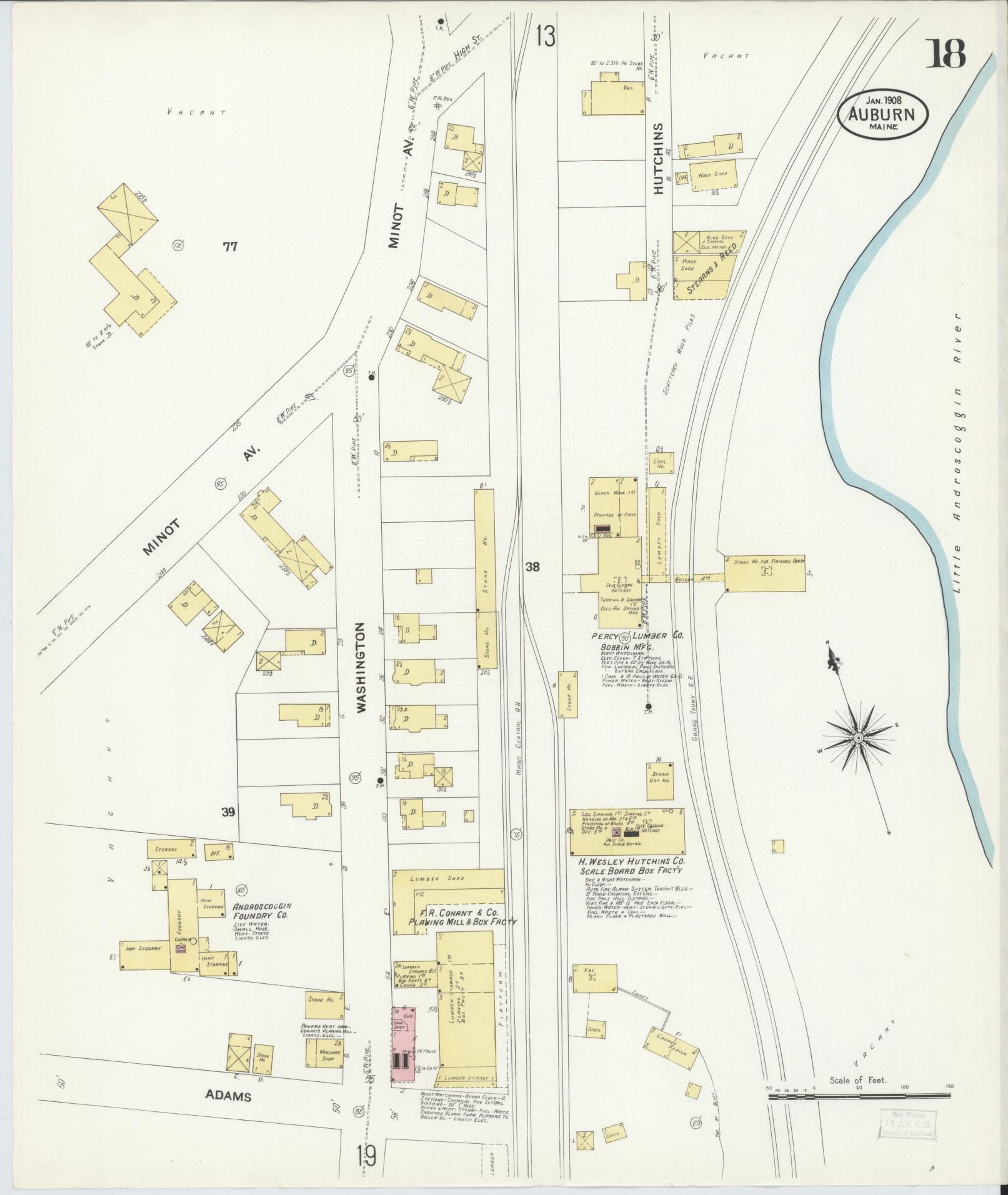 Sanborn Fire Insurance Map from Auburn, Androscoggin County, Maine (1908), Sheet #0018 - Complete Map Set gallery image, historic Sanborn map, vintage wall art, Maine Maine