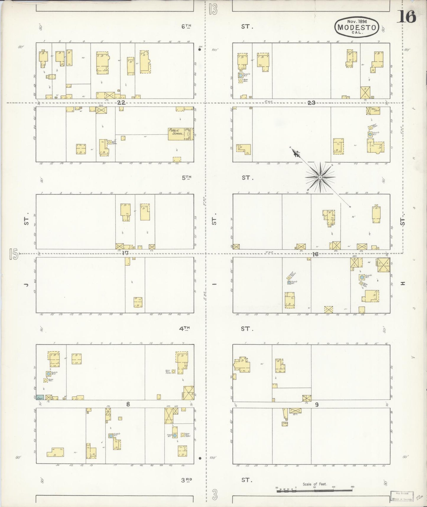 Sanborn Fire Insurance Map from Modesto, Stanislaus County, California (1894), Sheet #0016 - Complete Map Set gallery image, historic Sanborn map, vintage wall art, California California