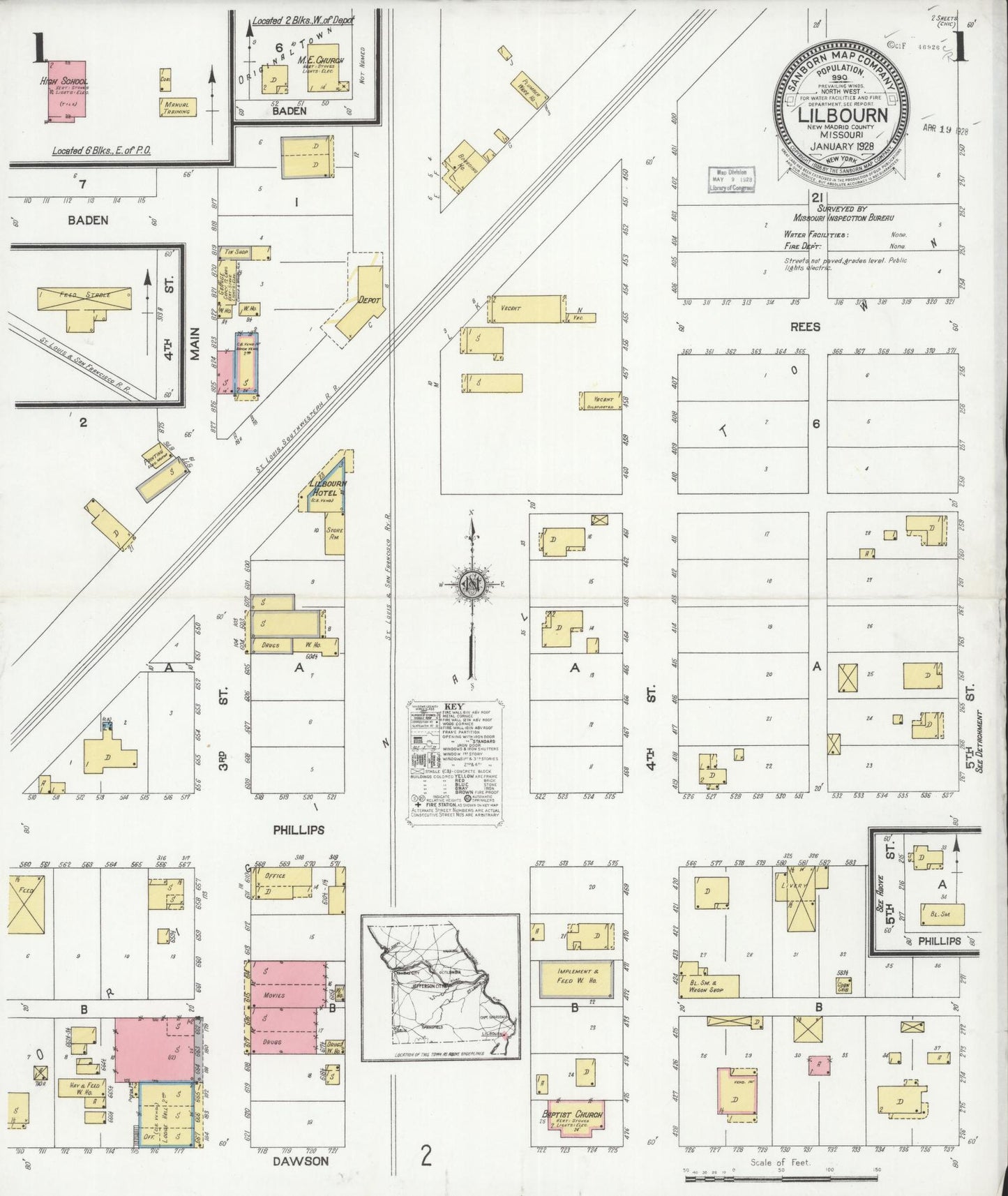 Sanborn Fire Insurance Map from Lilbourn, New Madrid County, Missouri (1928), Sheet #0001 - Historic Sanborn Fire Insurance Map Print, vintage old map wall art, antique decor, genealogy gift, Missouri Missouri map