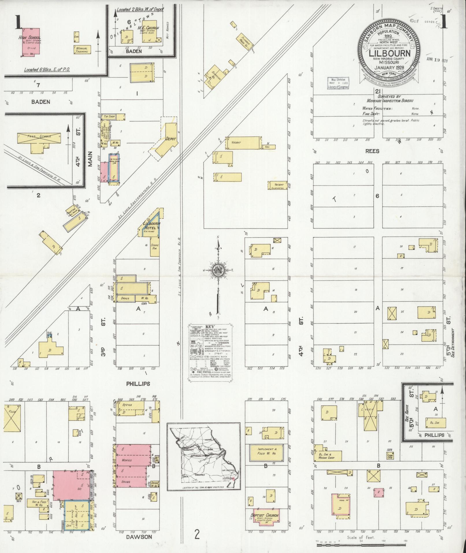 Sanborn Fire Insurance Map from Lilbourn, New Madrid County, Missouri (1928), Sheet #0001 - Historic Sanborn Fire Insurance Map Print, vintage old map wall art, antique decor, genealogy gift, Missouri Missouri map
