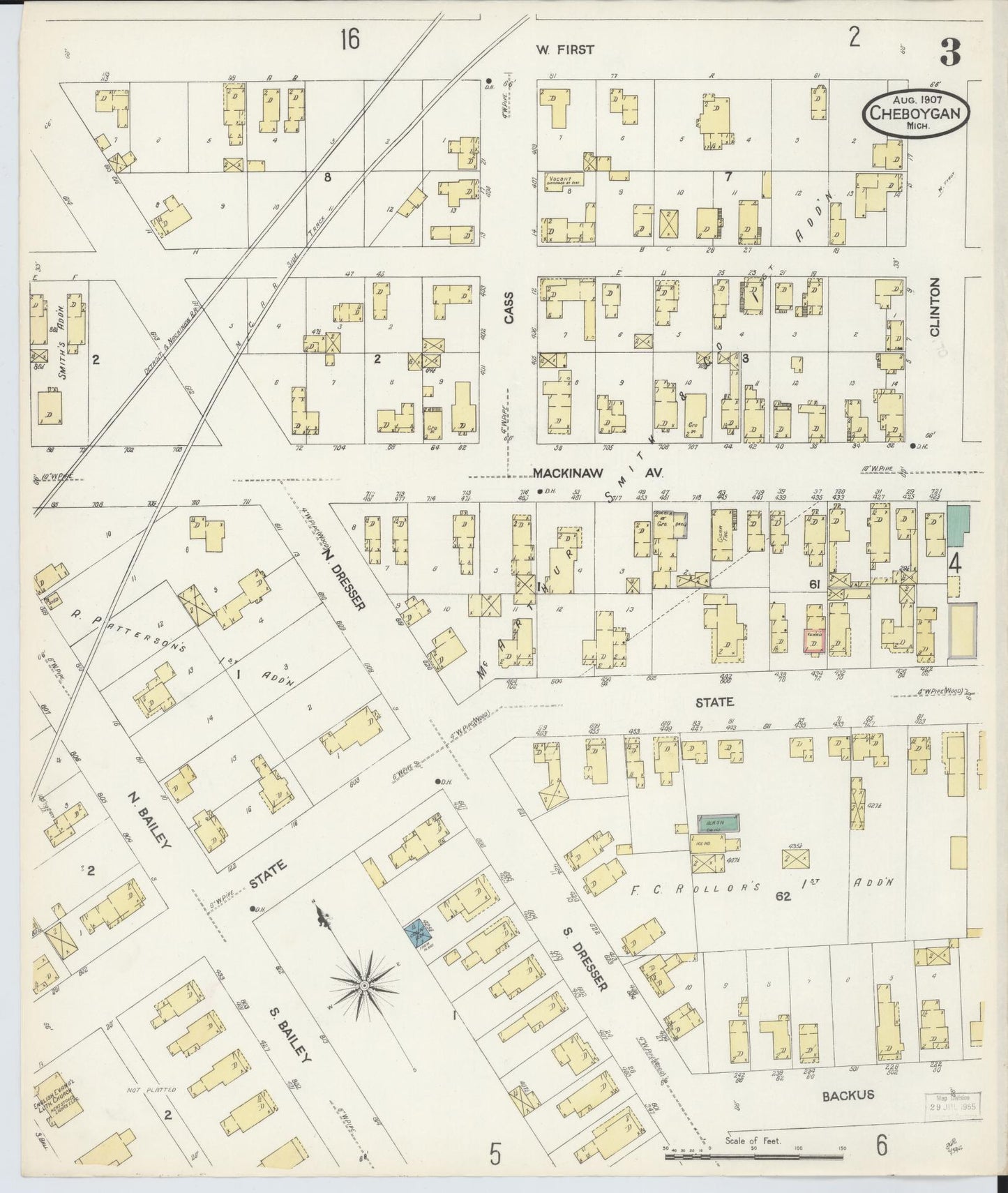 Sanborn Fire Insurance Map from Cheboygan, Cheboygan County, Michigan (1907), Sheet #0003 - Complete Map Set gallery image, historic Sanborn map, vintage wall art, Michigan Michigan