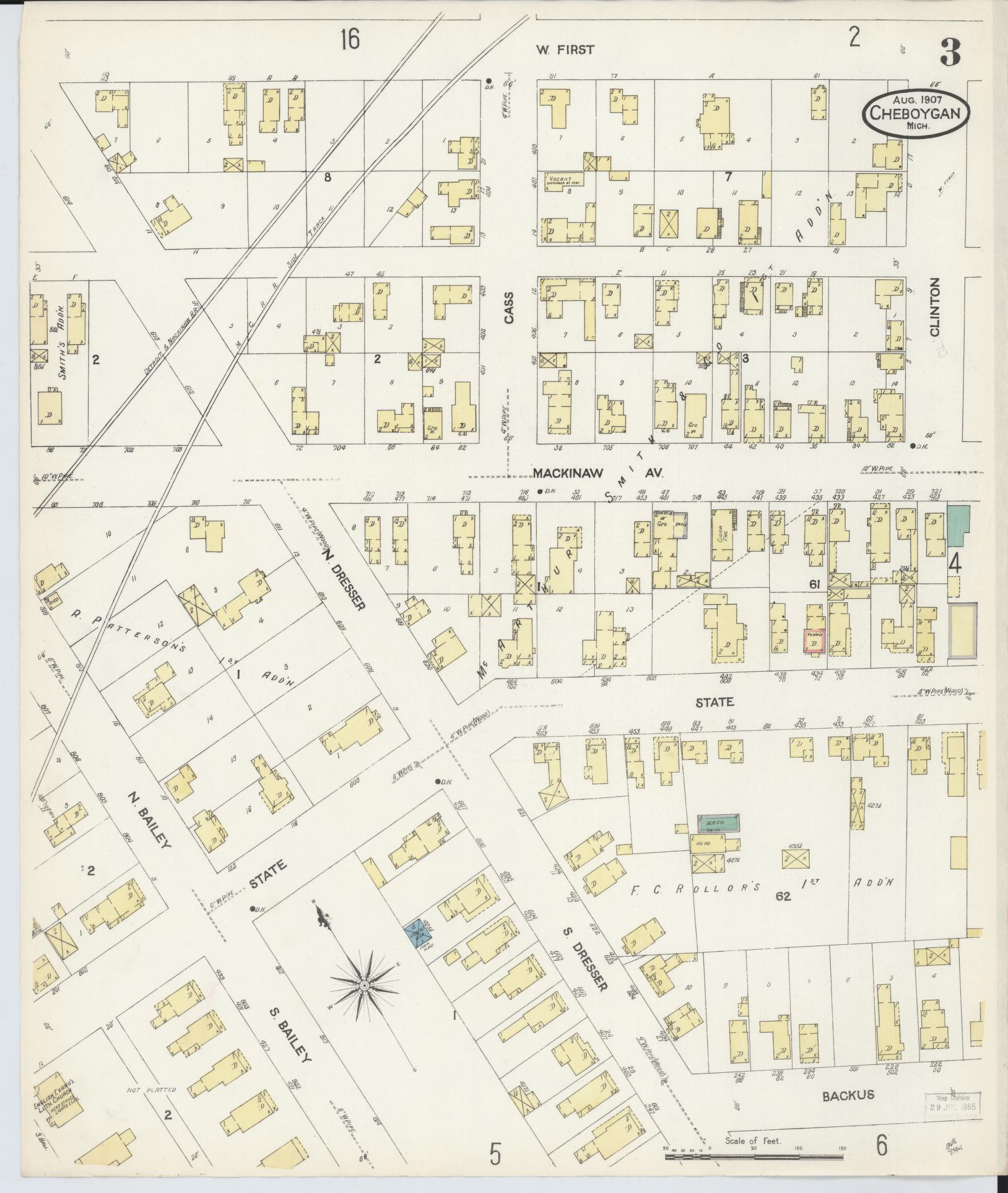 Sanborn Fire Insurance Map from Cheboygan, Cheboygan County, Michigan (1907), Sheet #0003 - Complete Map Set gallery image, historic Sanborn map, vintage wall art, Michigan Michigan